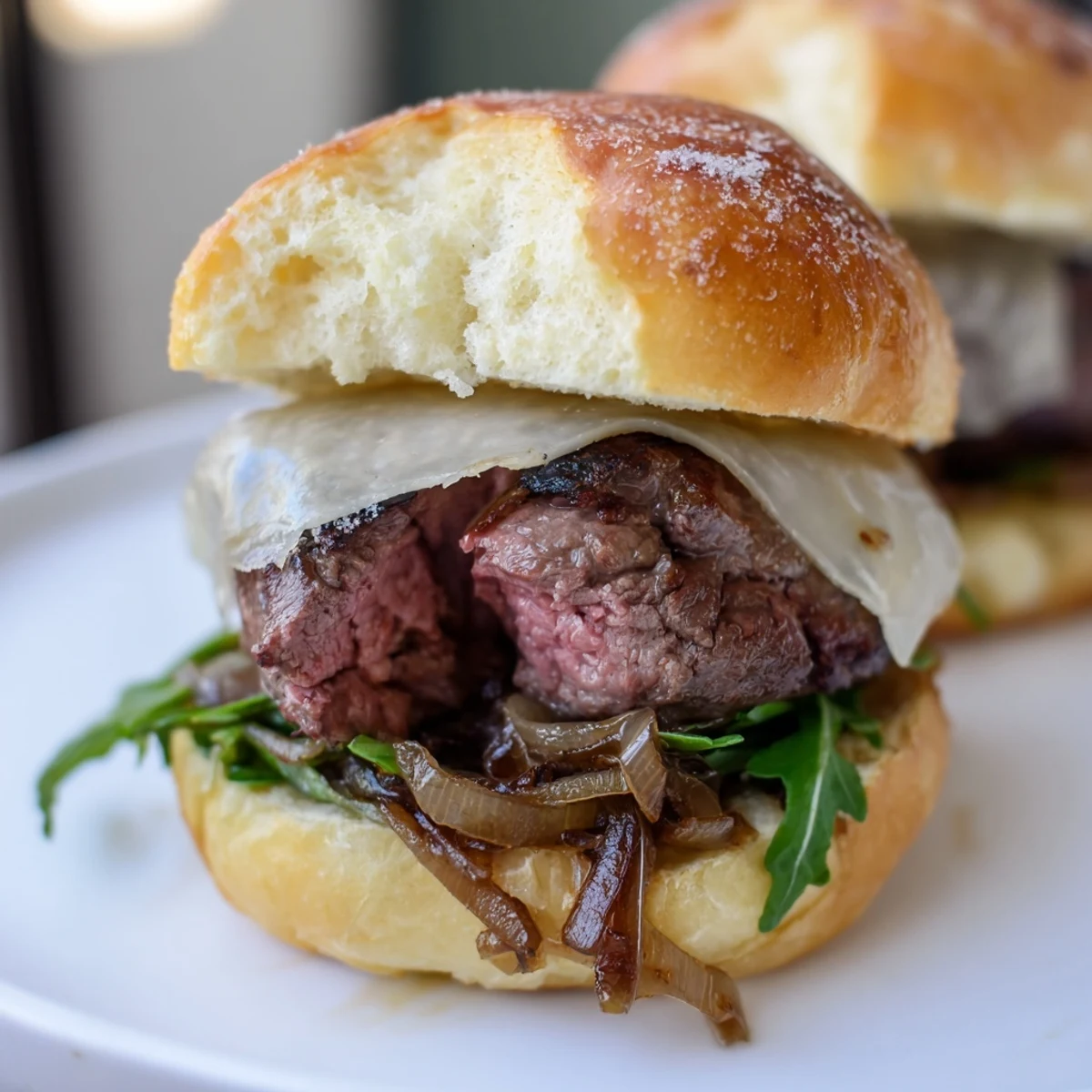 Juicy filet mignon sliders on golden garlic parmesan rolls topped with melted cheese