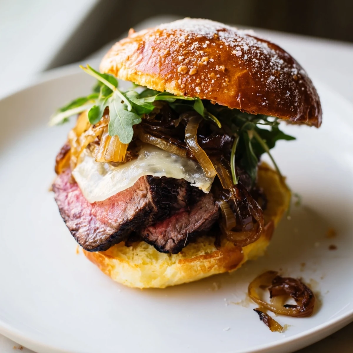 Crispy garlic parmesan rolls holding tender seared filet mignon sliders with fresh arugula