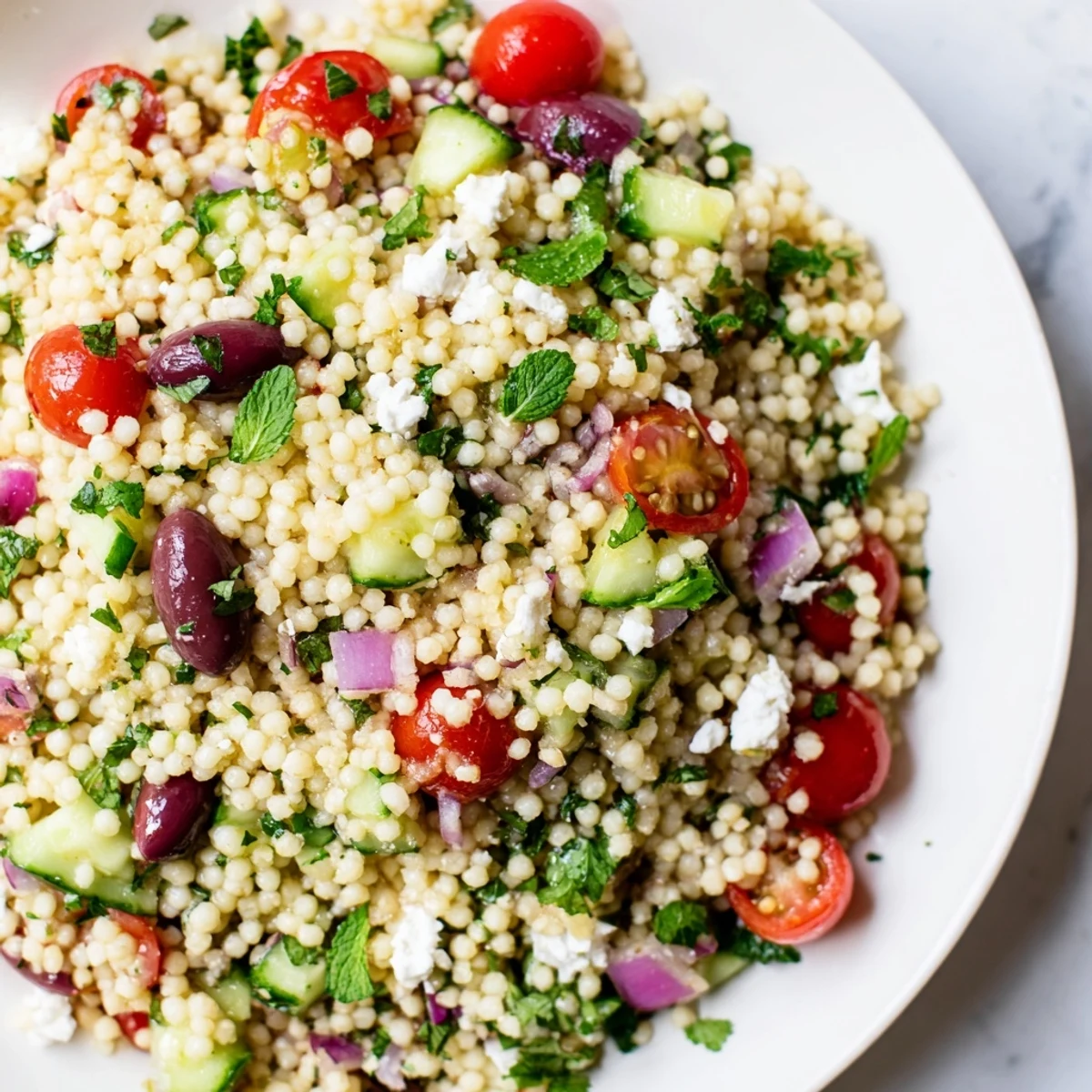 Mediterranean Couscous Salad with hot honey lemon vinaigrette in a bright serving bowl