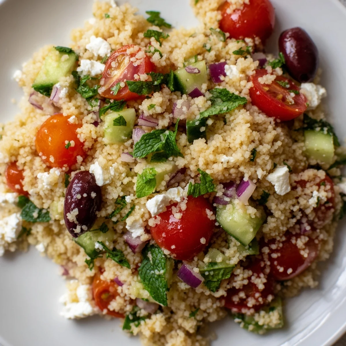 Fluffy couscous tossed with tomatoes, feta, and olives drizzled with spicy-sweet vinaigrette