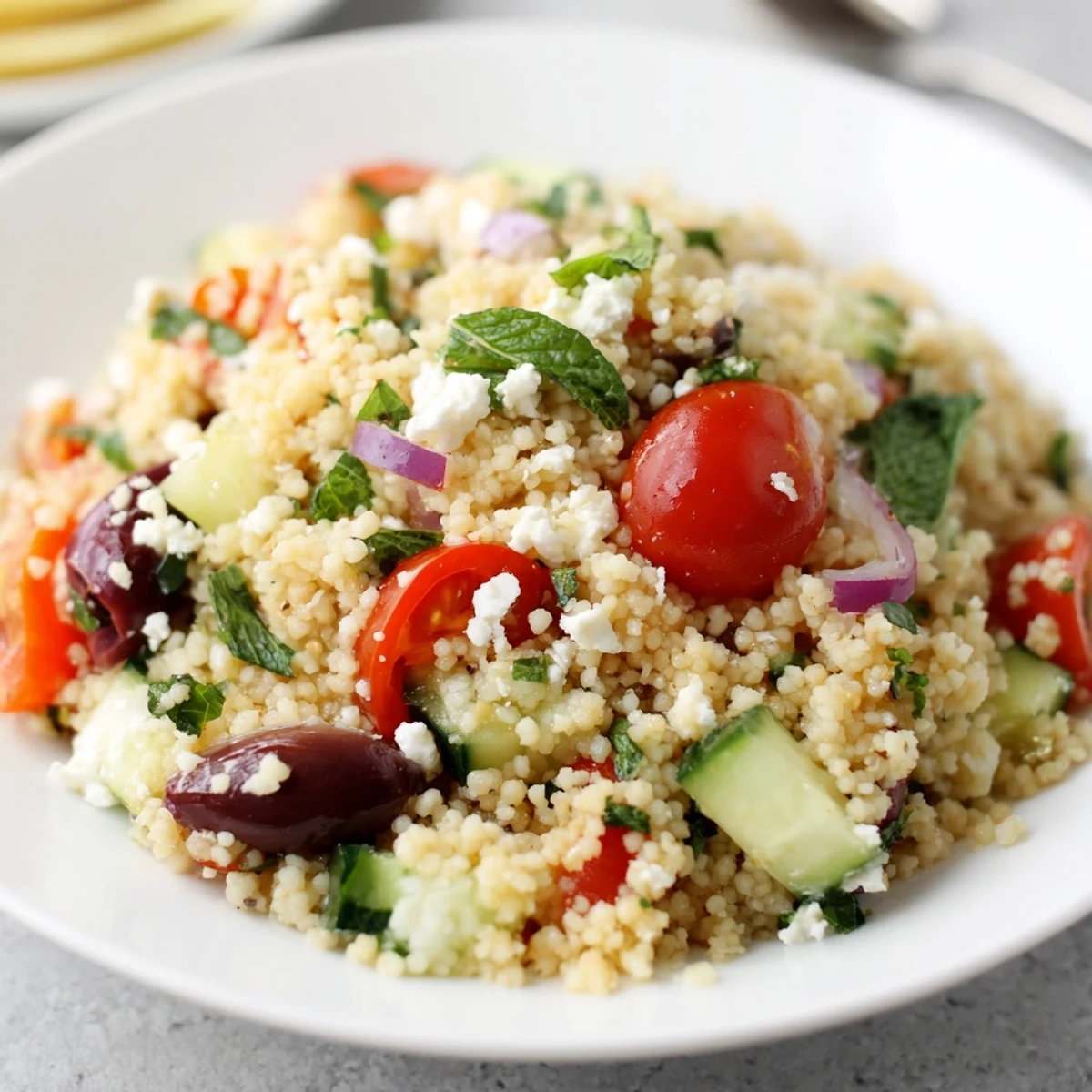 Mediterranean Couscous Salad topped with crumbled feta, fresh herbs, and glossy lemon dressing