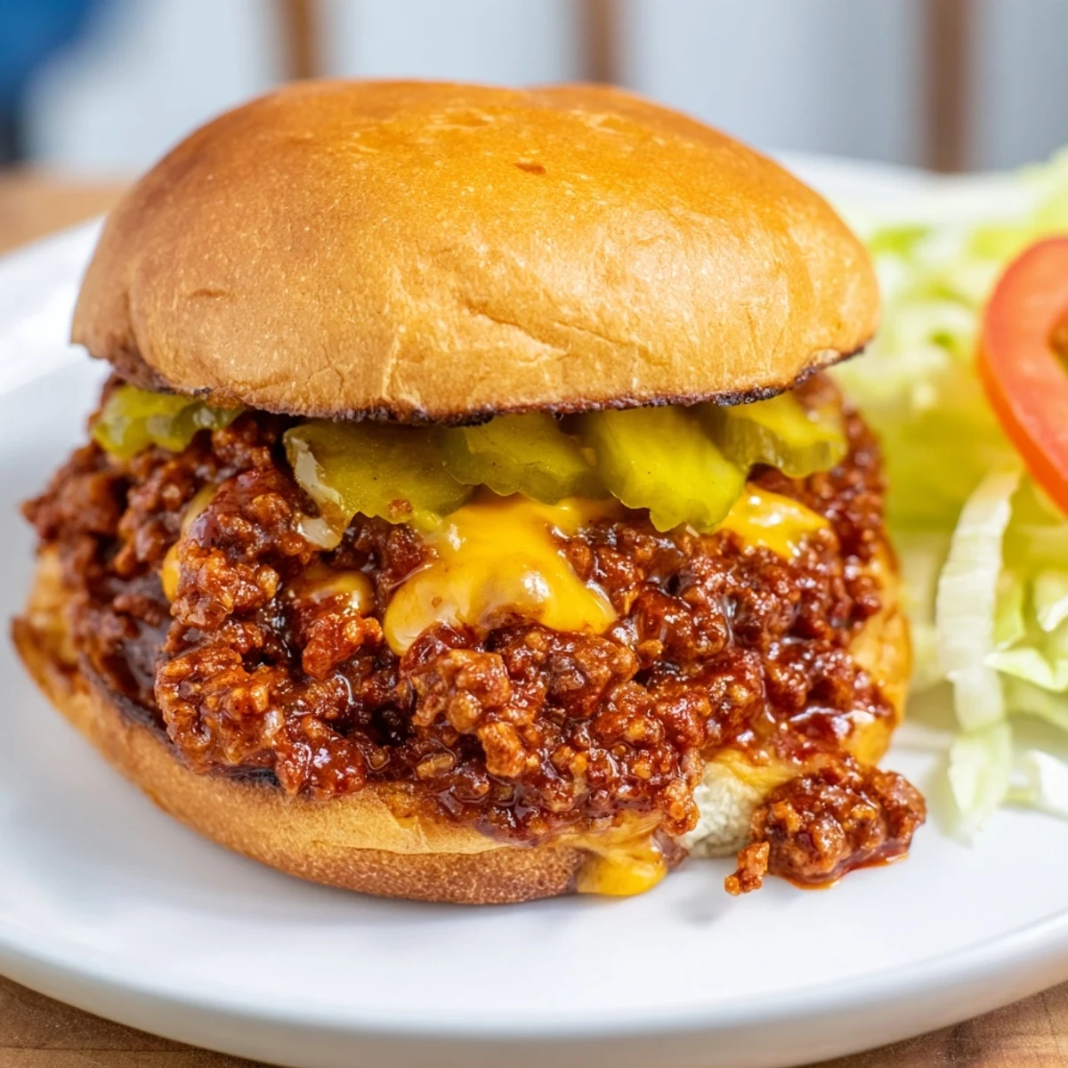 Golden bun cradles saucy ground beef with melted cheese in these smash burger sloppy joes