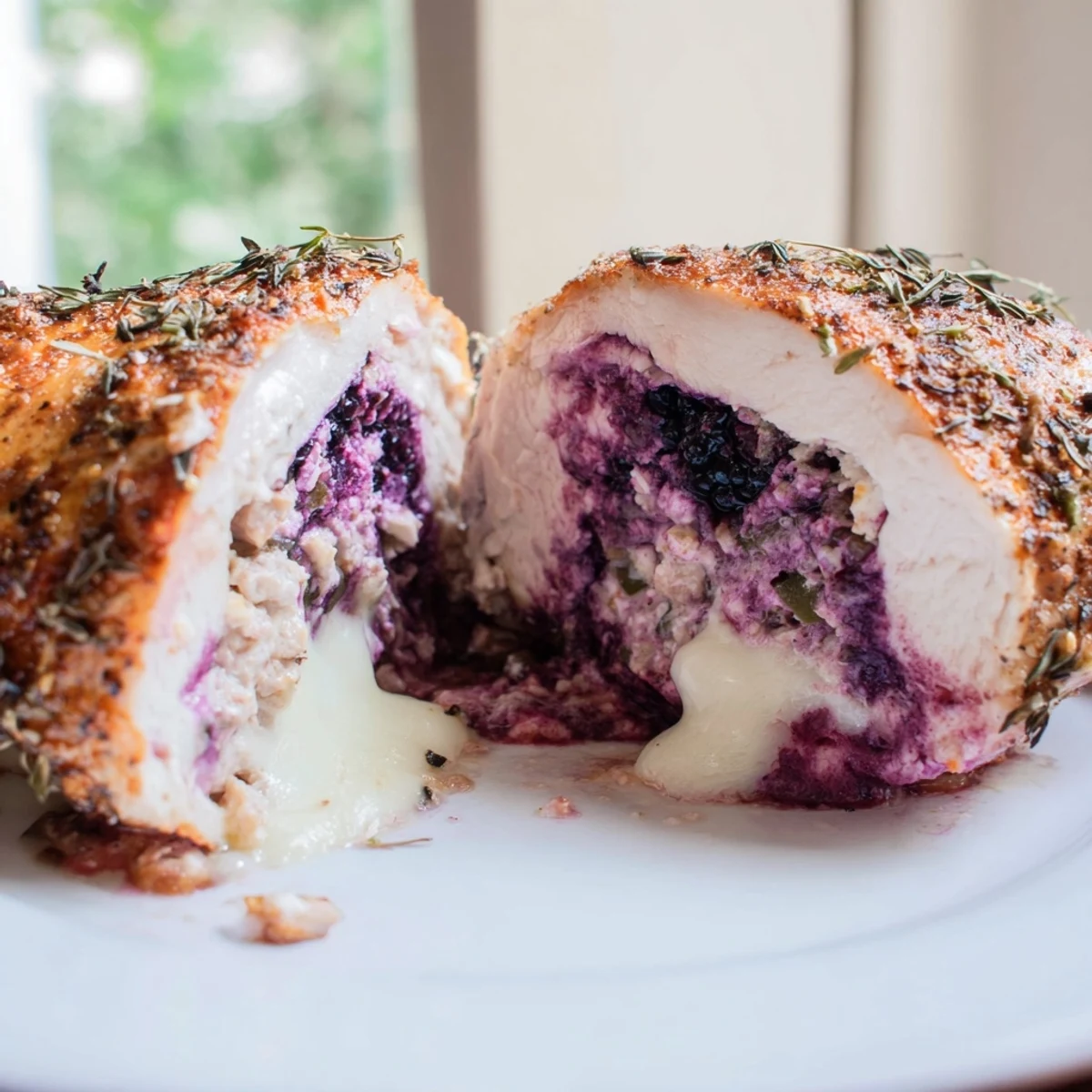 Juicy Blackberry Jalapeno Stuffed Chicken oozing with creamy purple-blackberry filling fresh from the oven