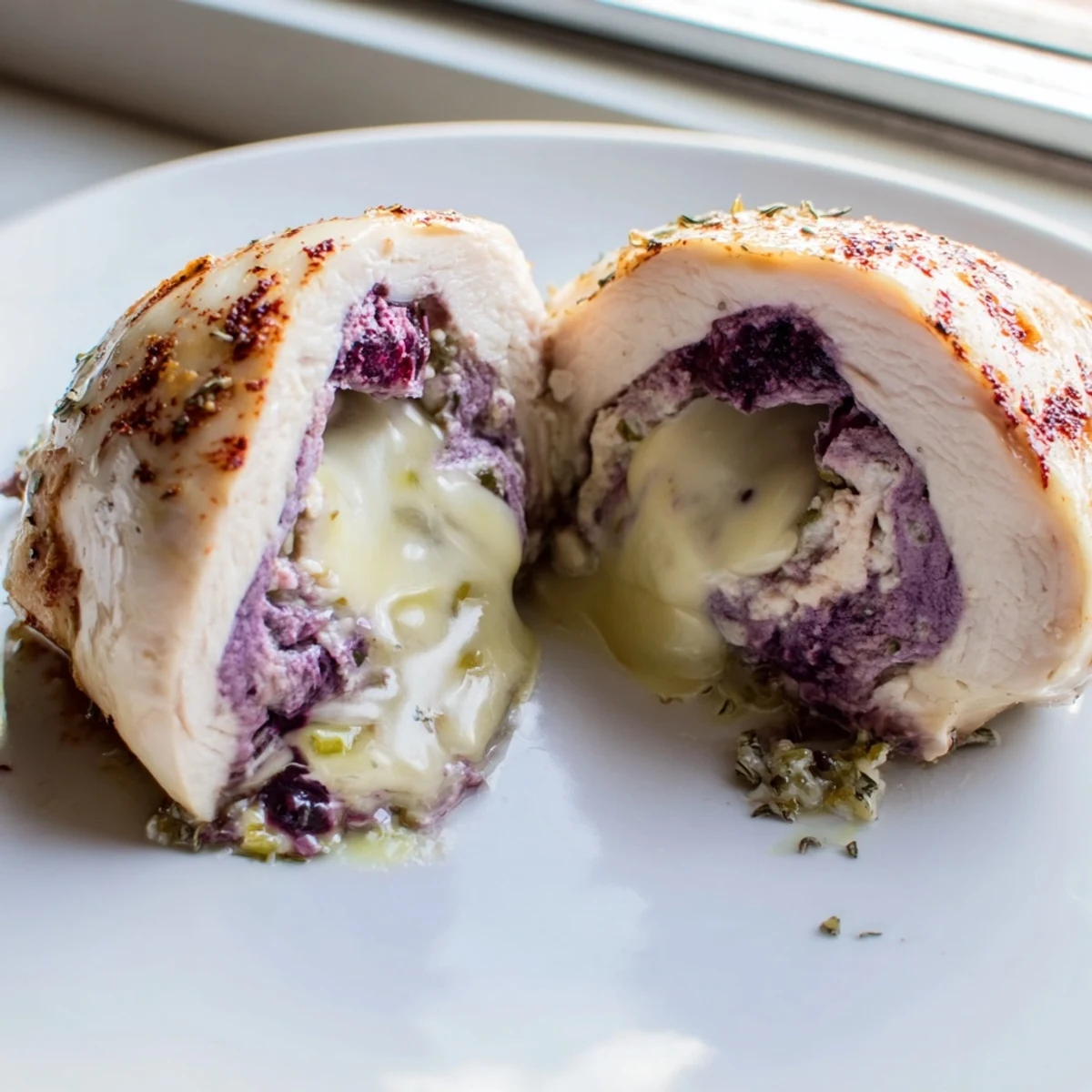 Golden baked Blackberry Jalapeno Stuffed Chicken sliced open to reveal a bubbly melted cheese and berry center