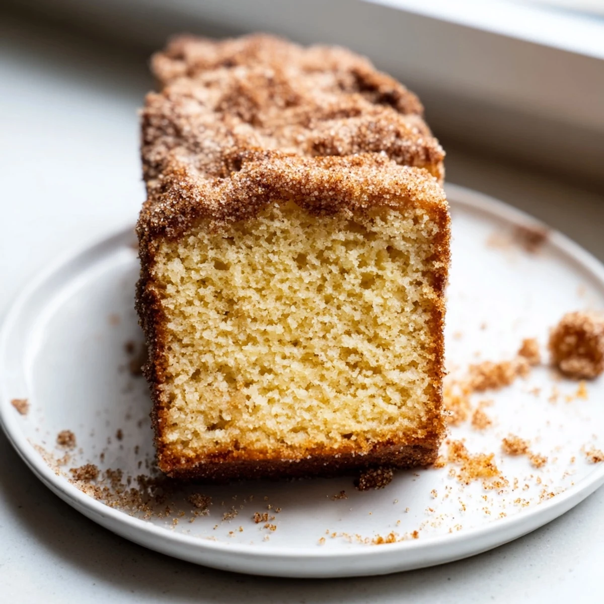 Warm cinnamon donut loaf sliced thick with a golden cinnamon-sugar crust on a rustic board