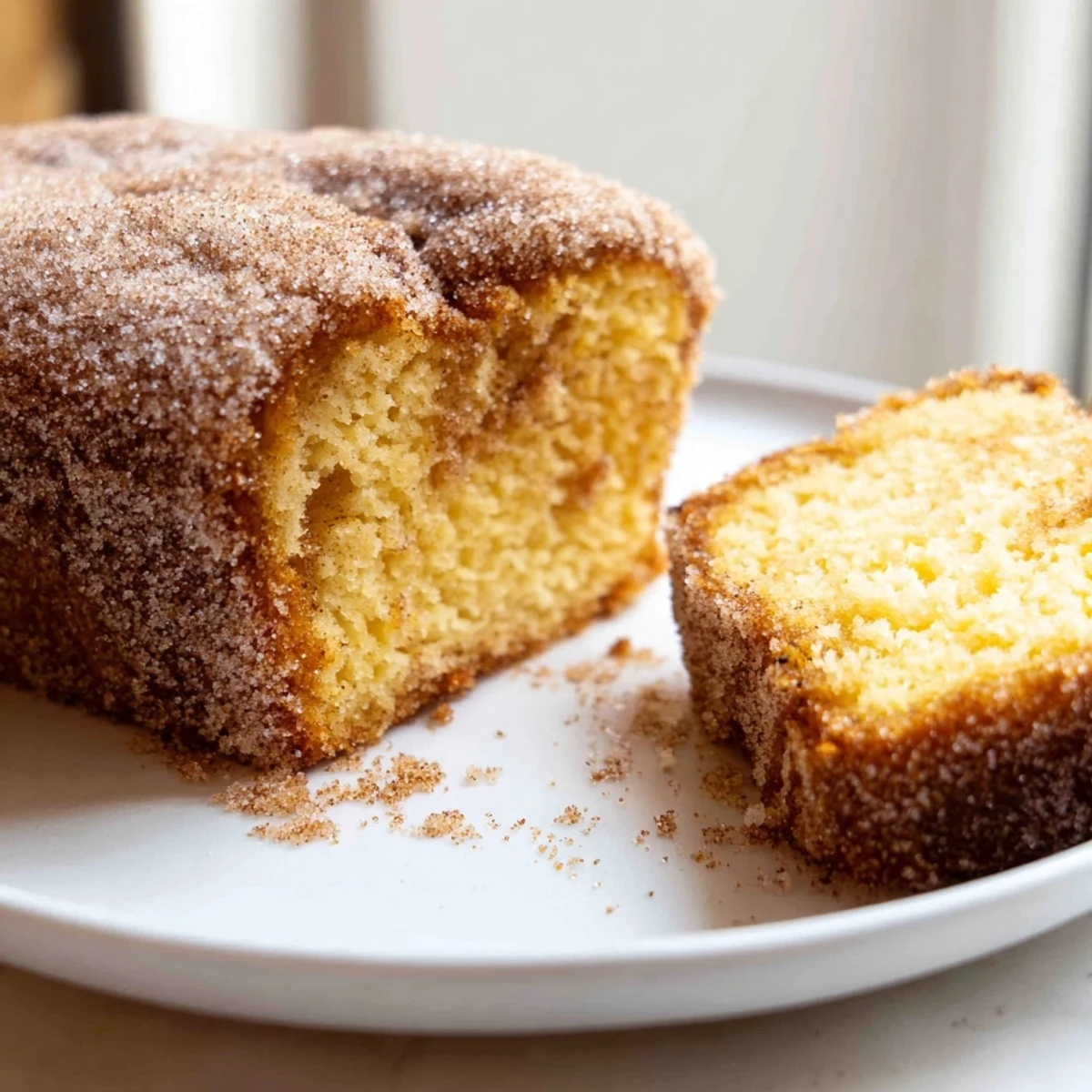 Moist cinnamon donut loaf crowned with a crackling cinnamon-sugar topping beside a steaming mug