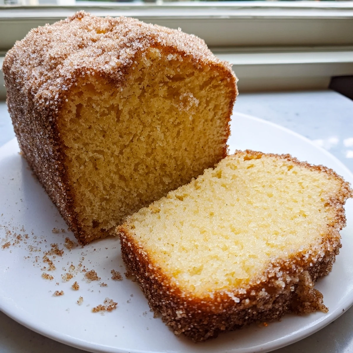 Freshly baked cinnamon donut loaf revealing a tender buttery crumb dusted with spiced sugar