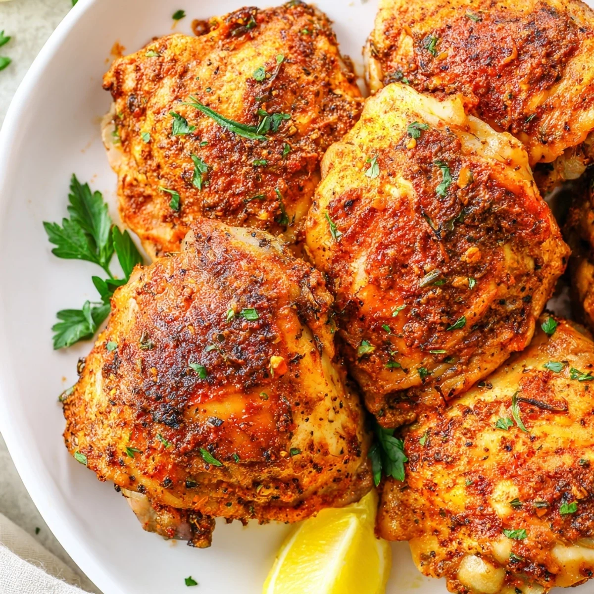 Golden crispy oven baked chicken thighs with herb seasoning on a parchment-lined baking sheet