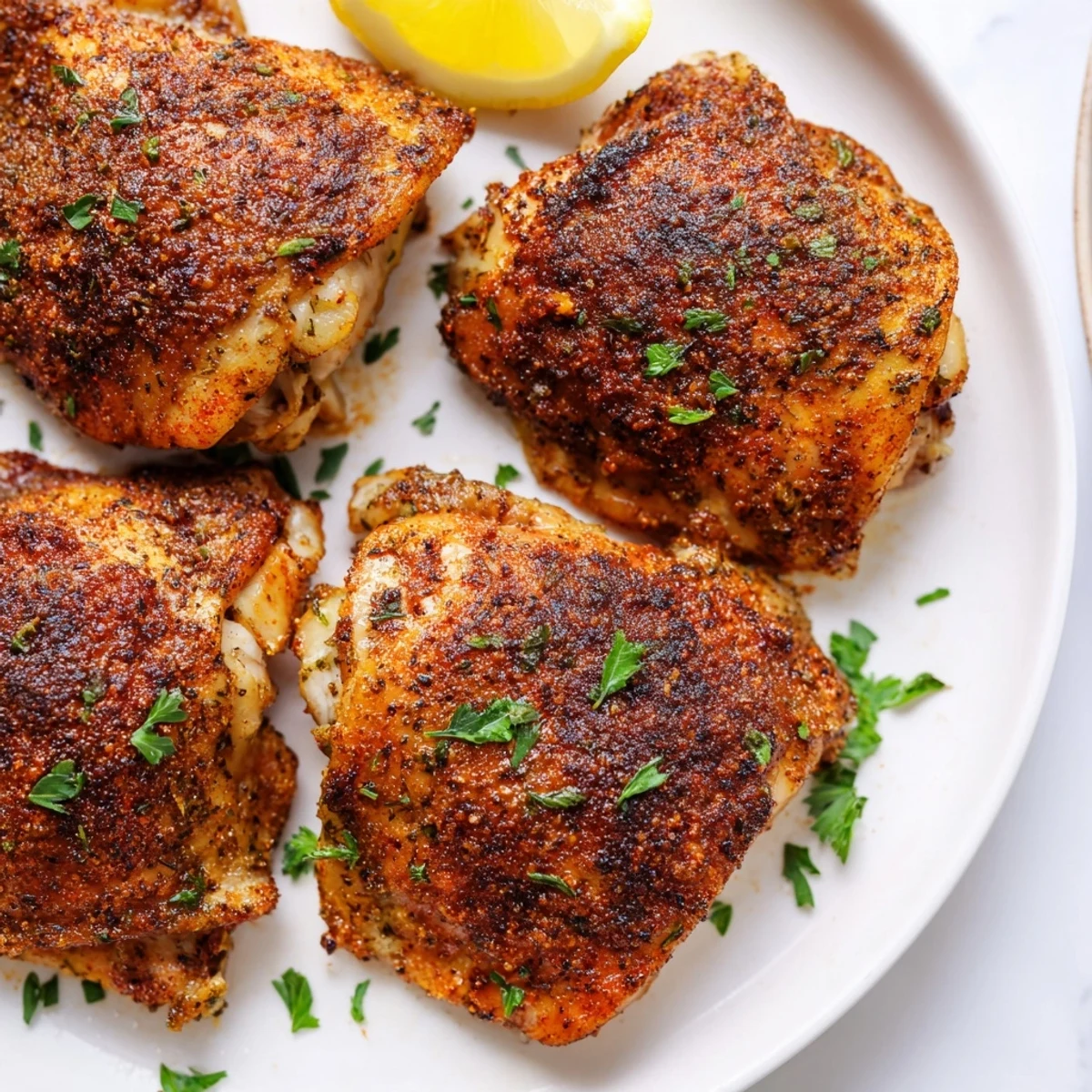 Juicy oven baked chicken thighs garnished with fresh parsley and bright lemon wedges
