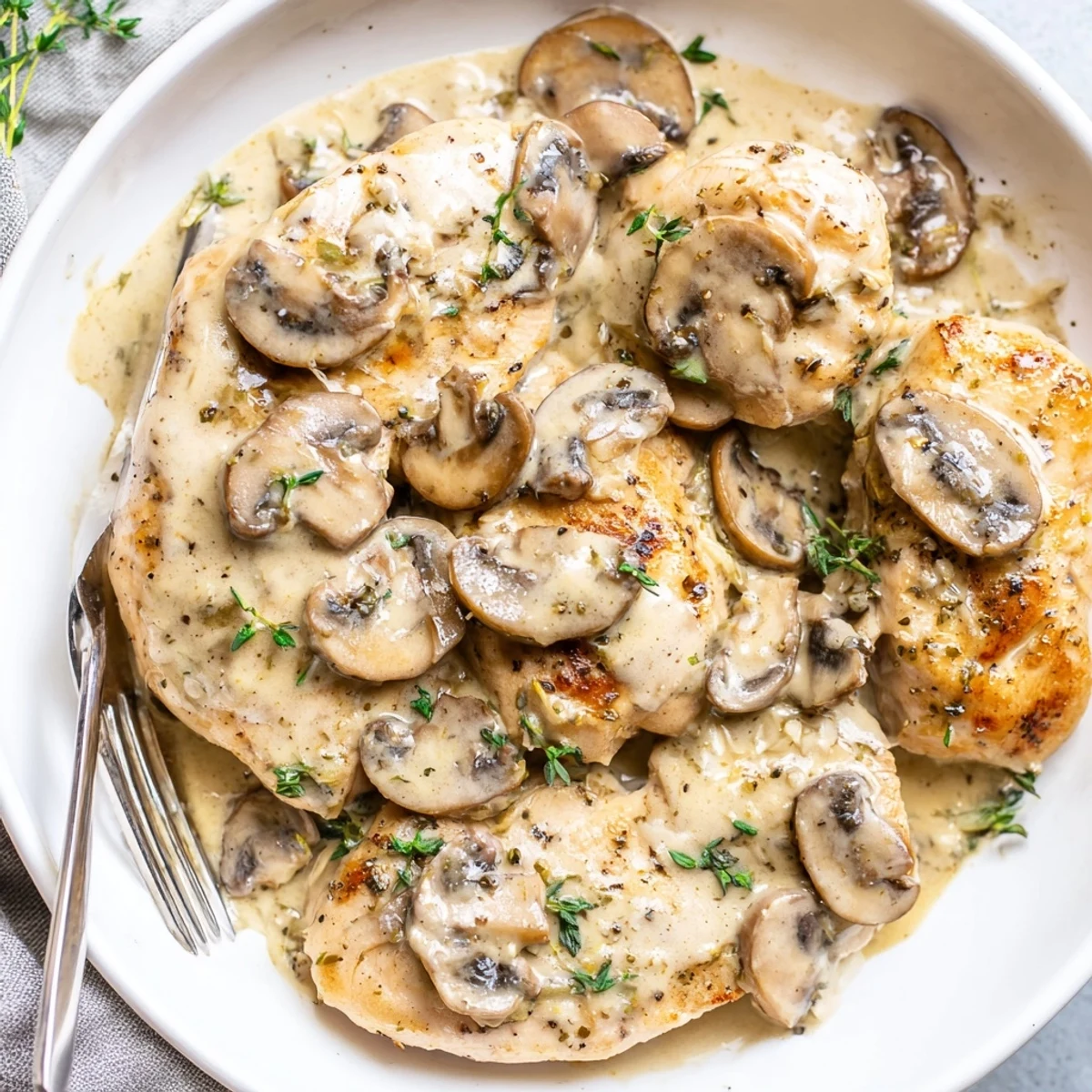 Juicy creamy mushroom chicken smothered in a velvety sauce with golden herb-roasted potatoes on a rustic white plate