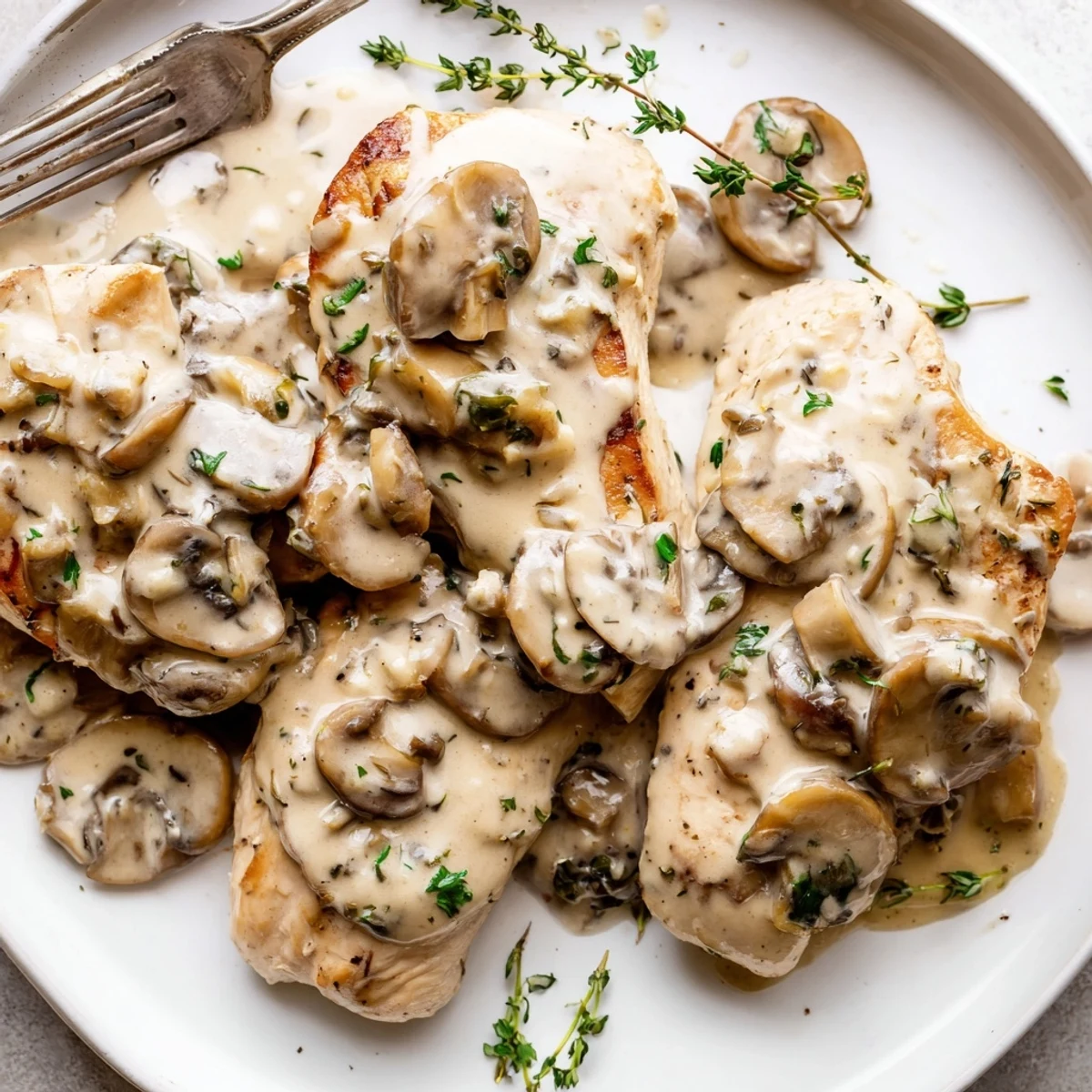 Pan-seared creamy mushroom chicken nestled in a rich garlic-thyme sauce beside crispy rosemary potatoes fresh from the oven