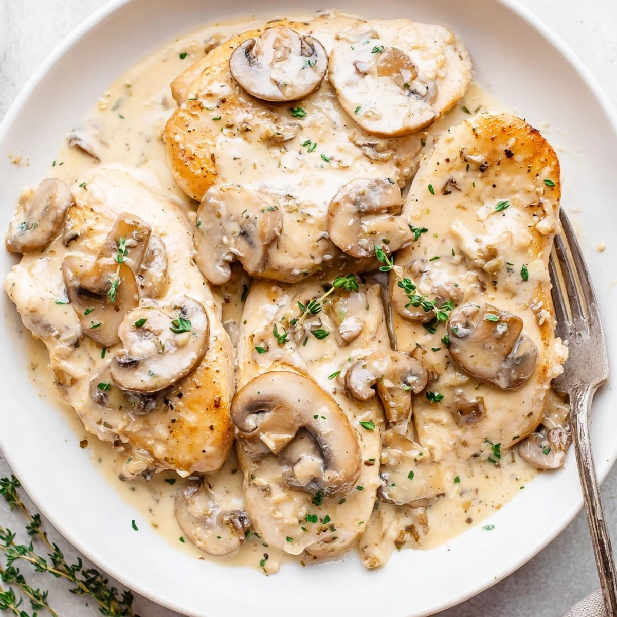 Crispy herb potatoes served alongside tender creamy mushroom chicken topped with a ladle of savory mushroom sauce and parsley