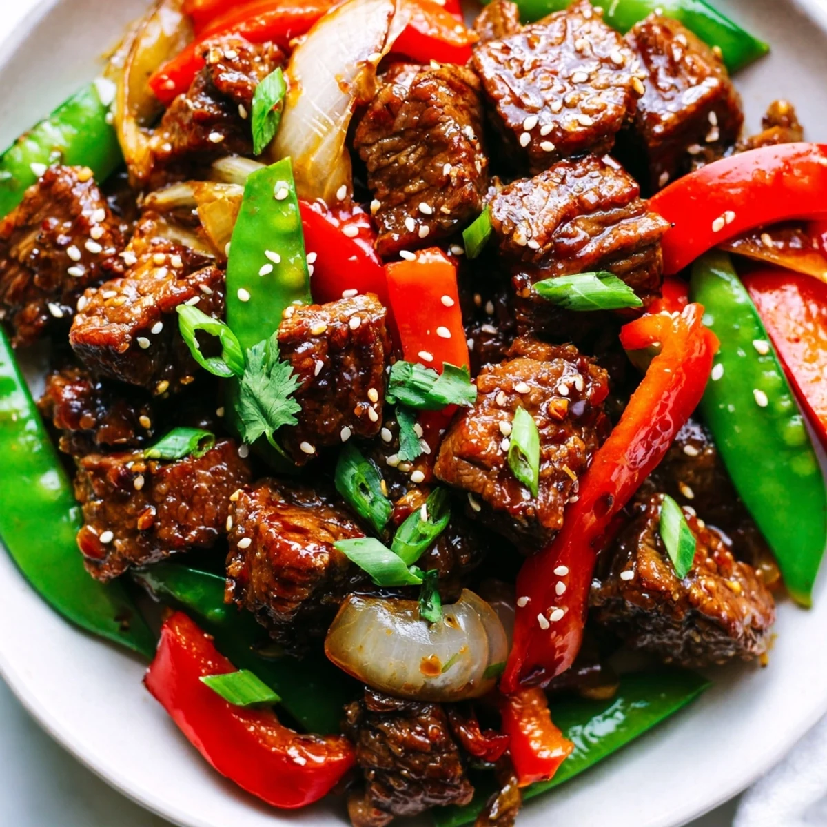 Tender Asian-inspired cube steak glazed in soy ginger sauce with crisp stir-fried vegetables