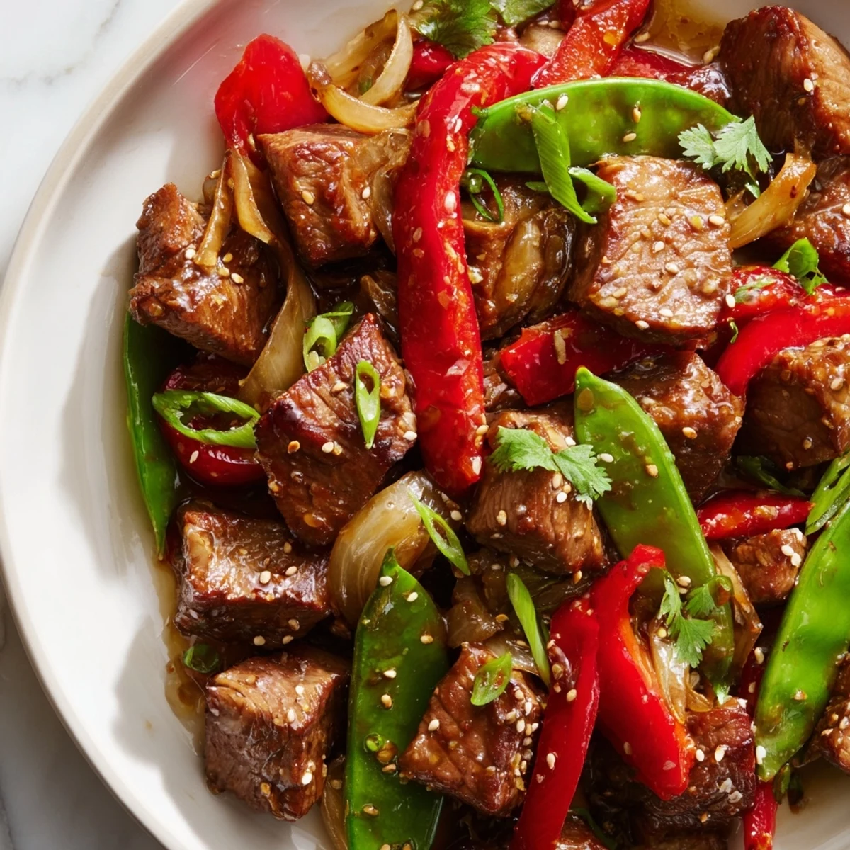 Savory Asian-inspired cube steak sizzling in a glossy garlic sesame marinade with snap peas