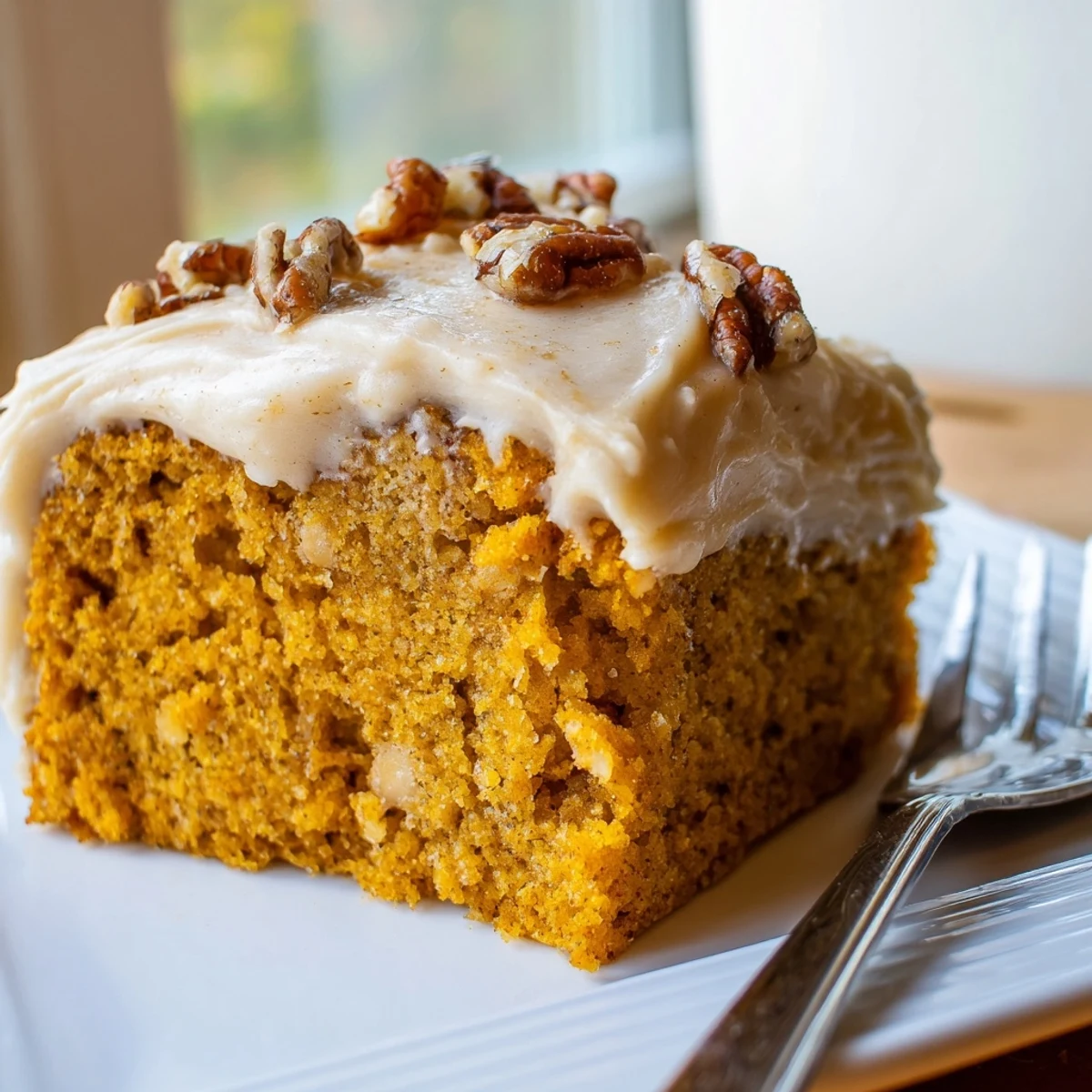 Warm spiced pumpkin pecan cake slice with fluffy cinnamon cream cheese icing on a rustic plate