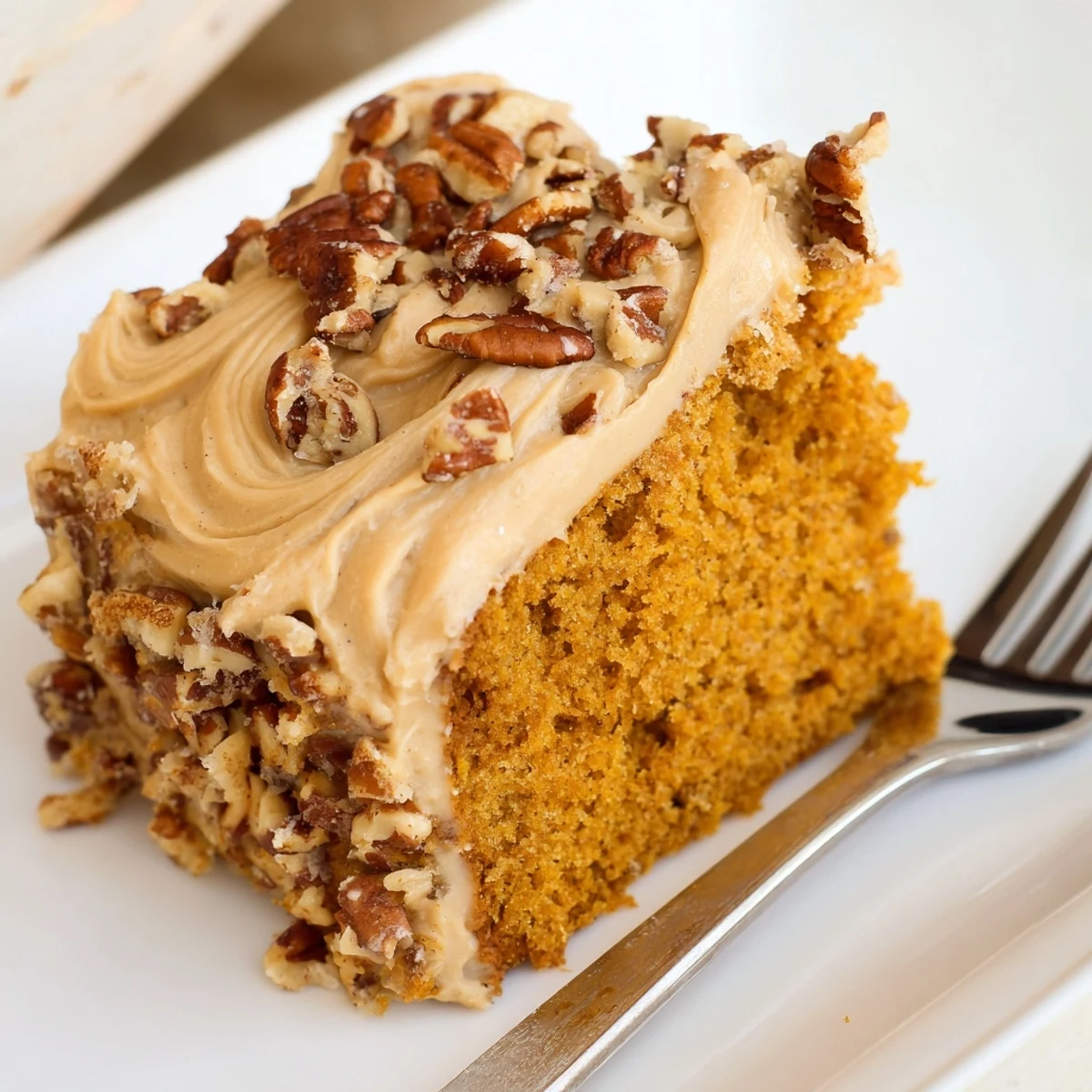 Moist pumpkin pecan cake square layered with thick cinnamon cream cheese icing served on parchment