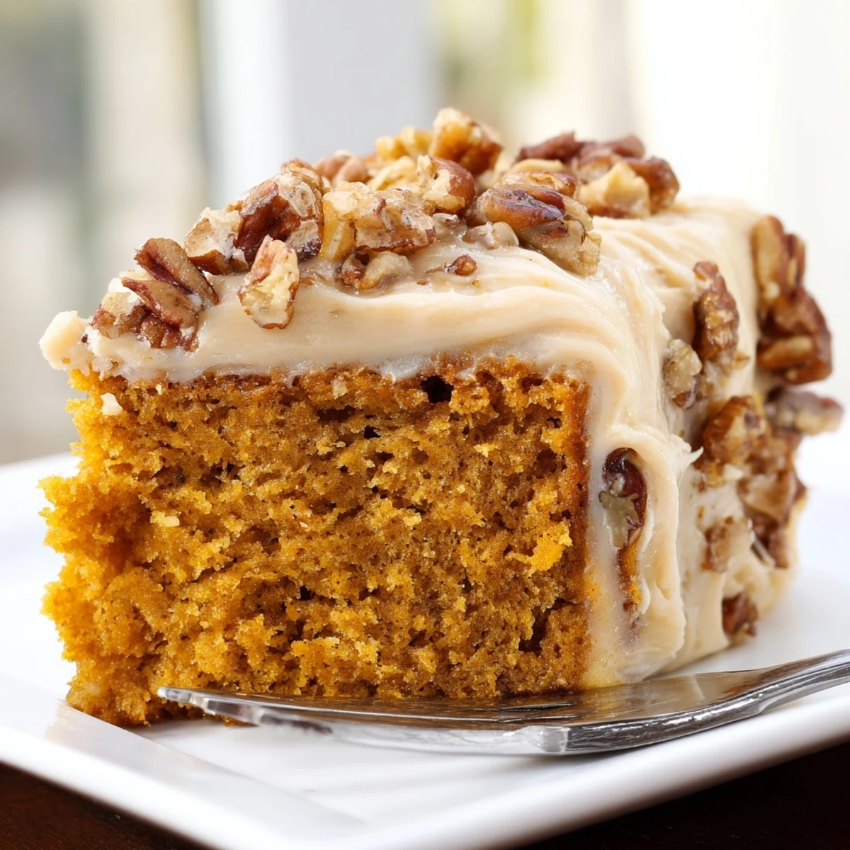 Golden pumpkin pecan cake topped with swirled cinnamon cream cheese icing and scattered toasted nuts