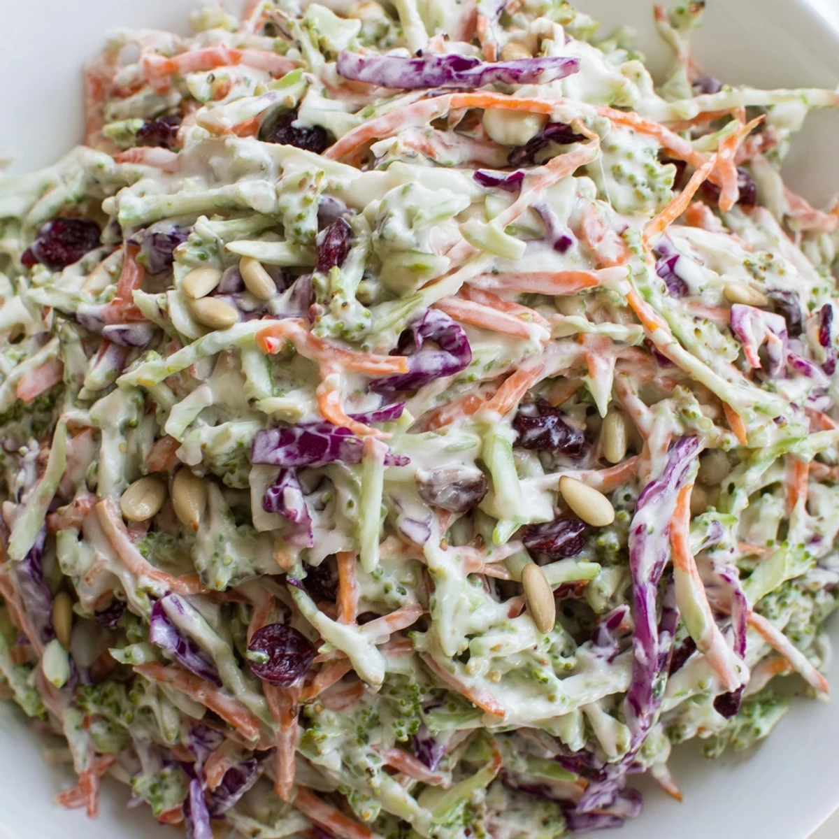 Creamy broccoli slaw tossed with shredded carrots, cabbage, and tangy dressing