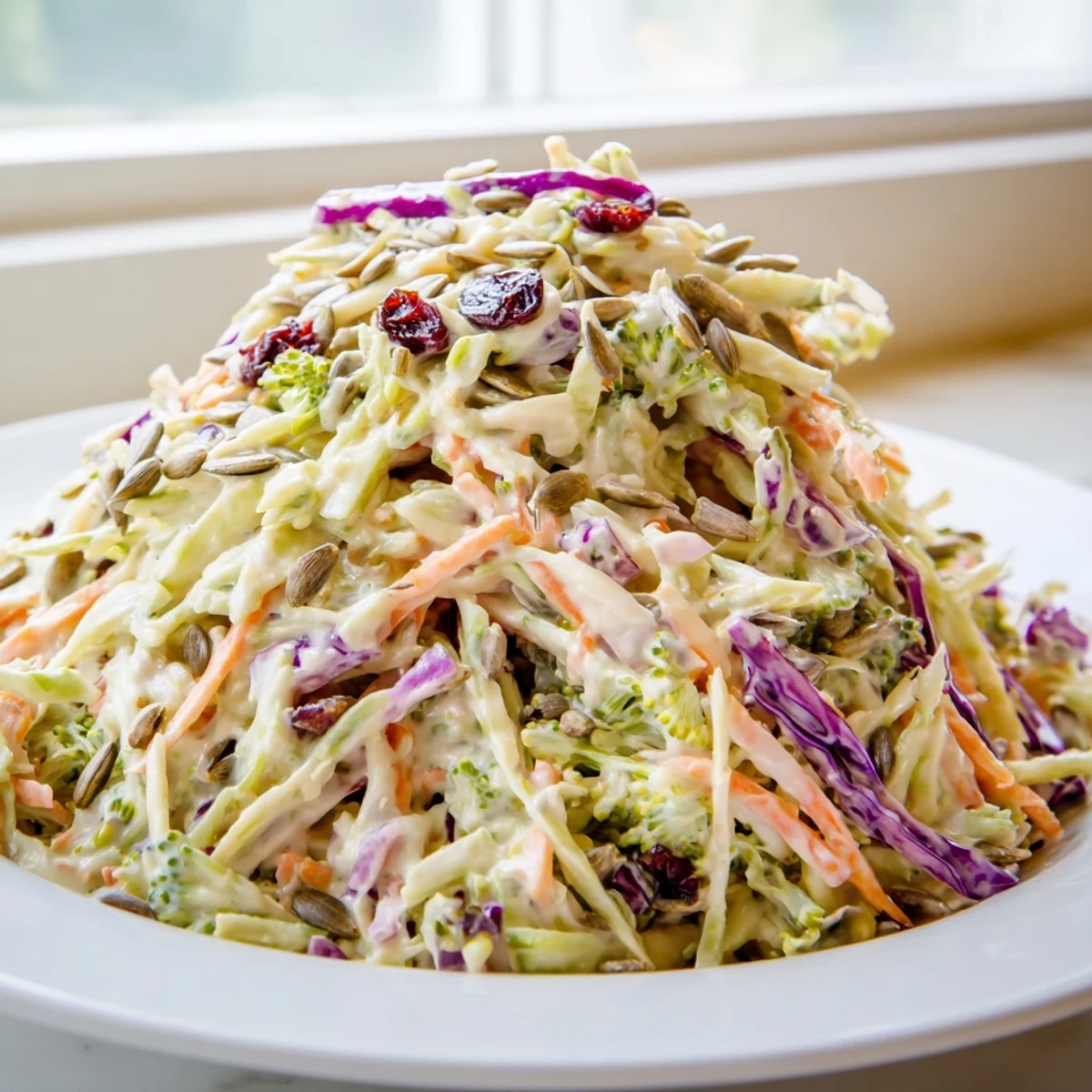 Crisp broccoli slaw garnished with sunflower seeds and dried cranberries in bowl