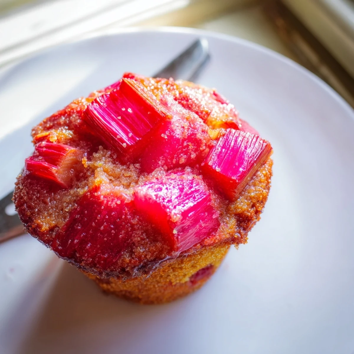 Golden upside down rhubarb muffins with caramelized pink fruit crowning each tender top