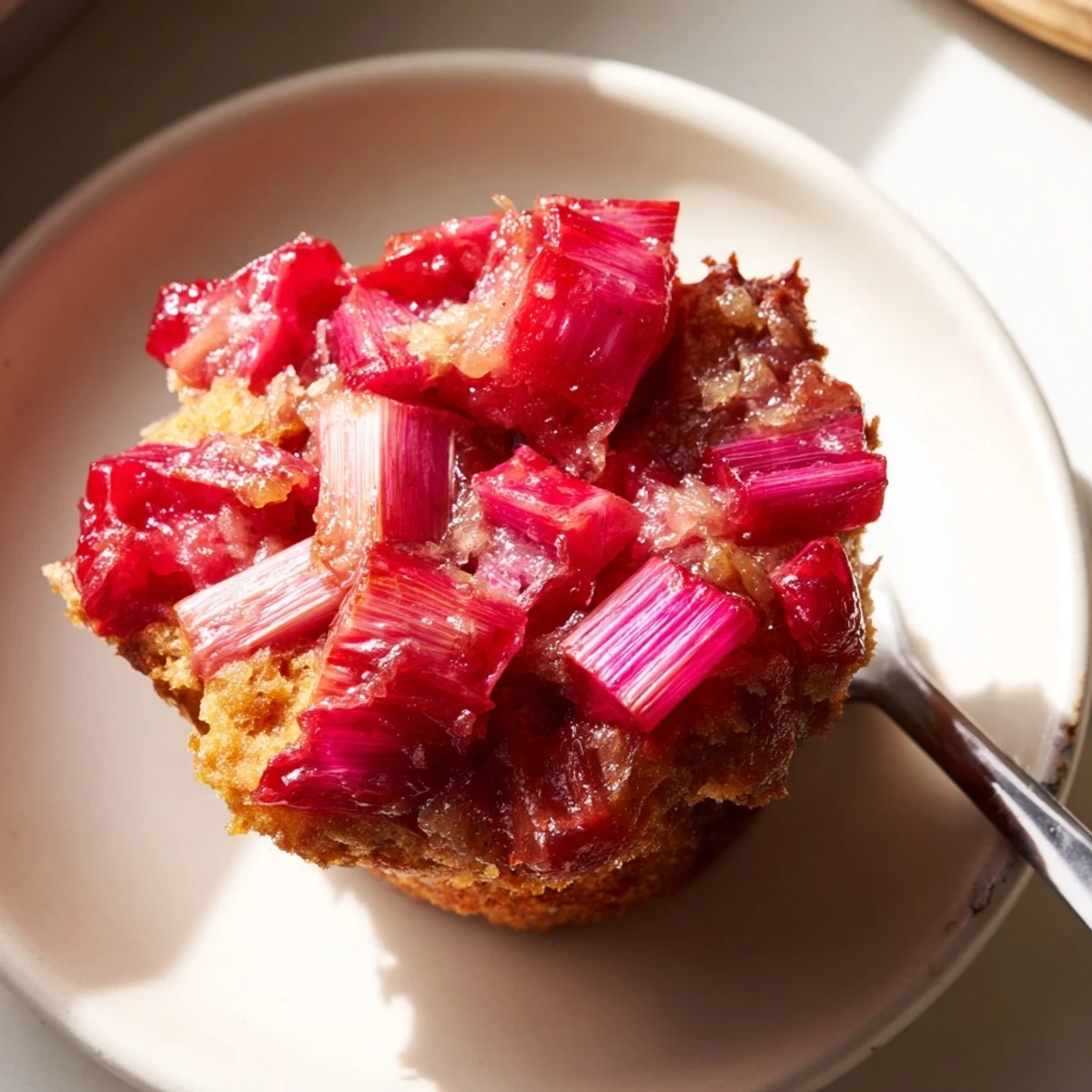 Fresh-baked upside down rhubarb muffins served on a rustic plate for spring brunch