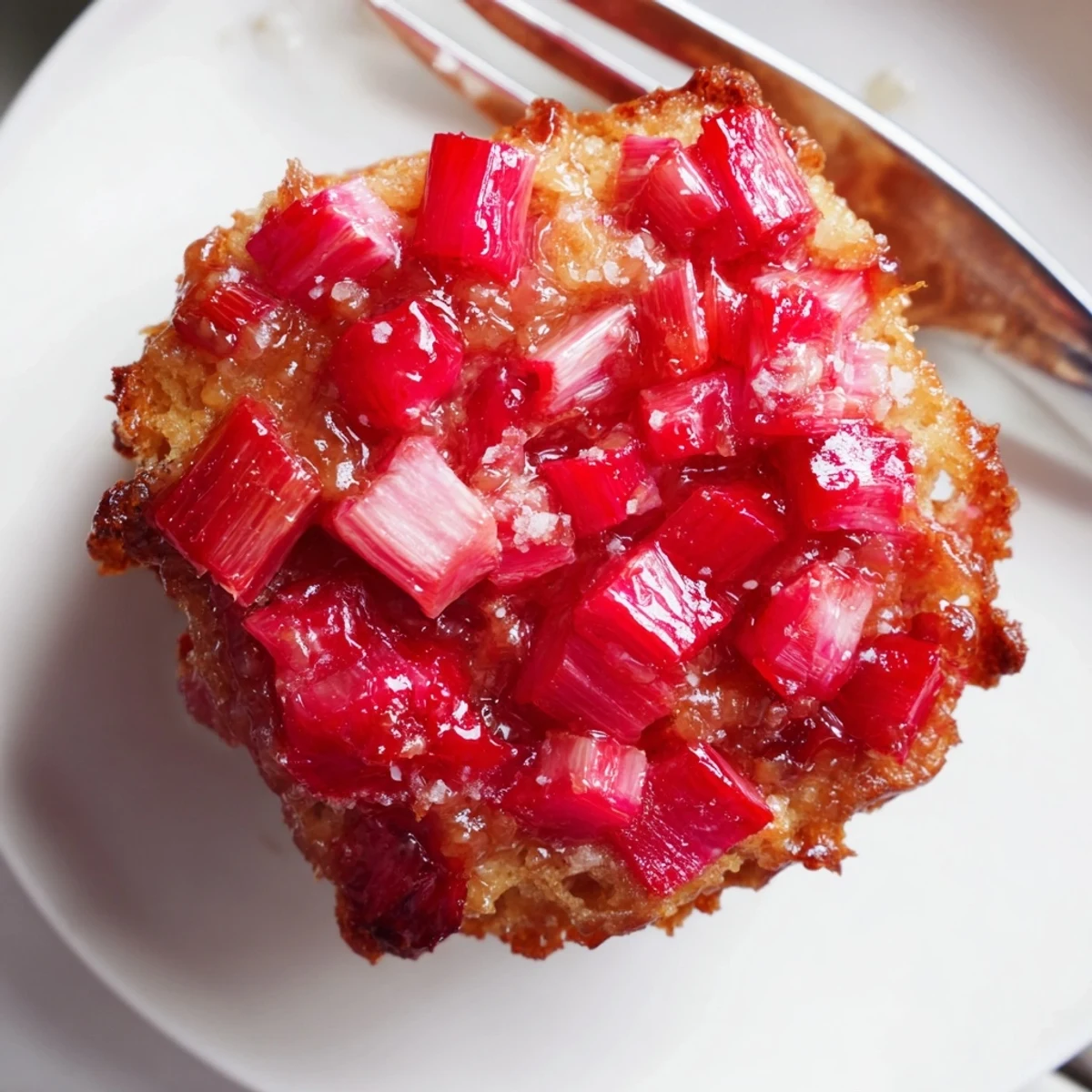 Warm upside down rhubarb muffins flipped to reveal glossy, sweet-tart ruby rhubarb topping
