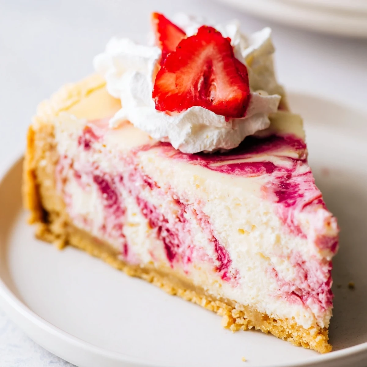 Creamy keto rhubarb cheesecake sliced with a vibrant pink tart swirl on a golden almond crust