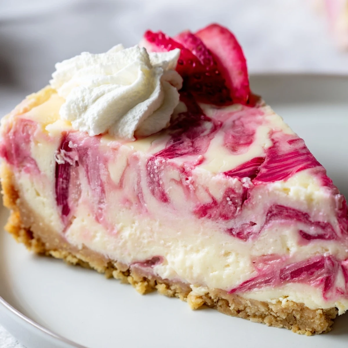 Tangy rhubarb ribbons marble through silky low-carb cheesecake filling atop a spiced buttery almond base