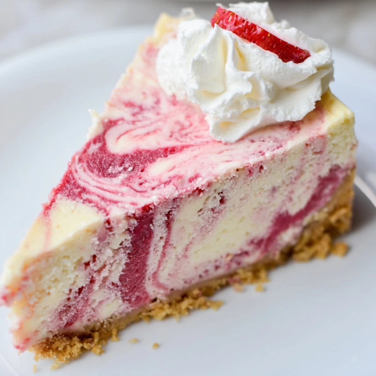 A chilled slice of keto rhubarb cheesecake reveals streaks of glossy ruby compote against creamy custard