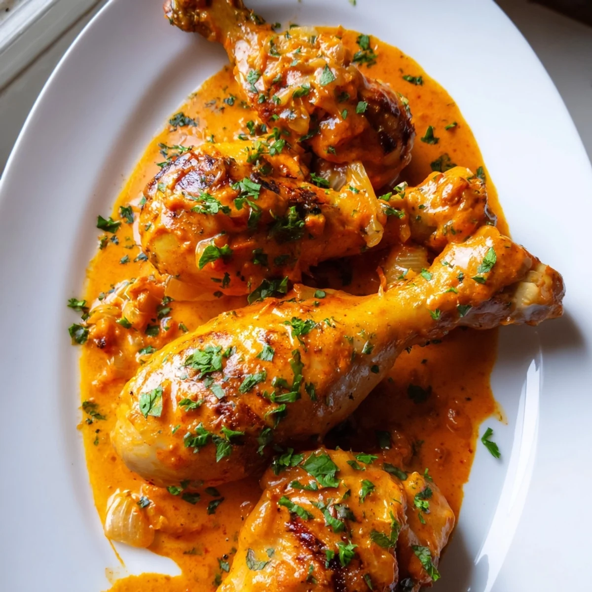 Golden creamy paprika chicken drumsticks in a rich, velvety red sauce on a white plate