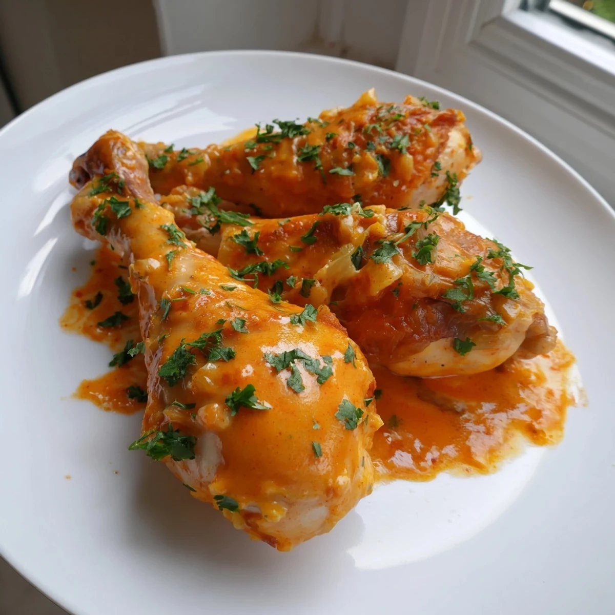 Crispy-skinned creamy paprika chicken drumsticks smothered in a smooth, spiced cream sauce