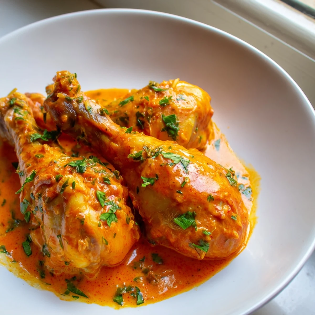 Juicy creamy paprika chicken drumsticks garnished with fresh parsley over a bubbling orange sauce