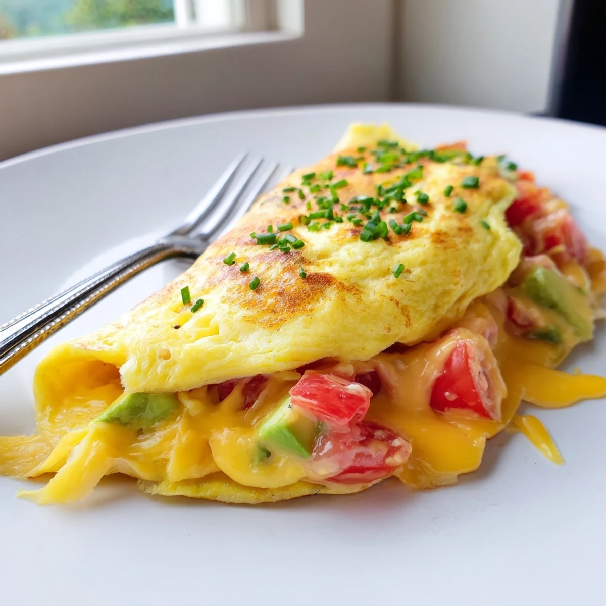 Avocado cheesy tomato omelette with gooey melted cheese and bright red tomato filling