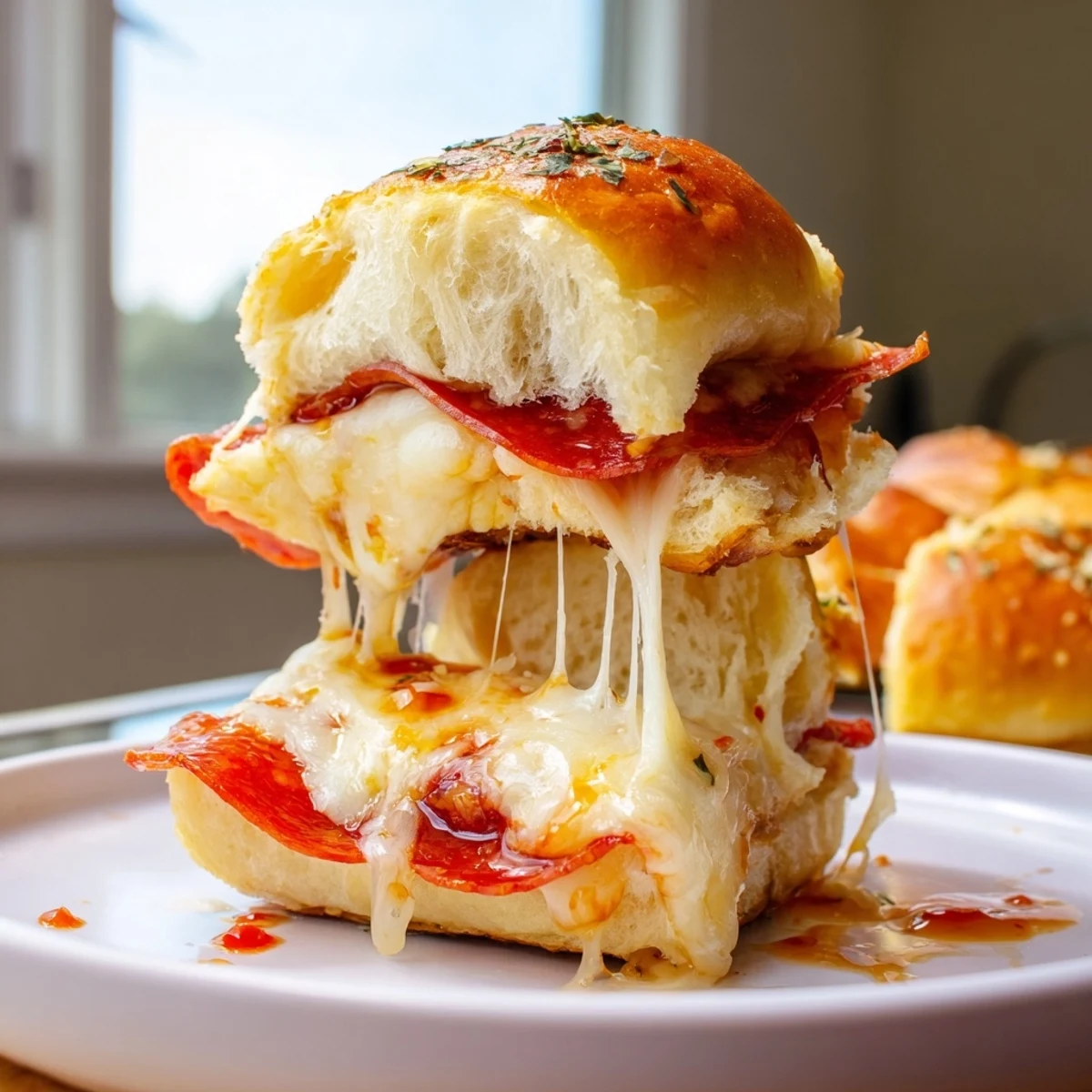 Golden hot honey pepperoni pizza sliders with gooey melted mozzarella on toasted buns