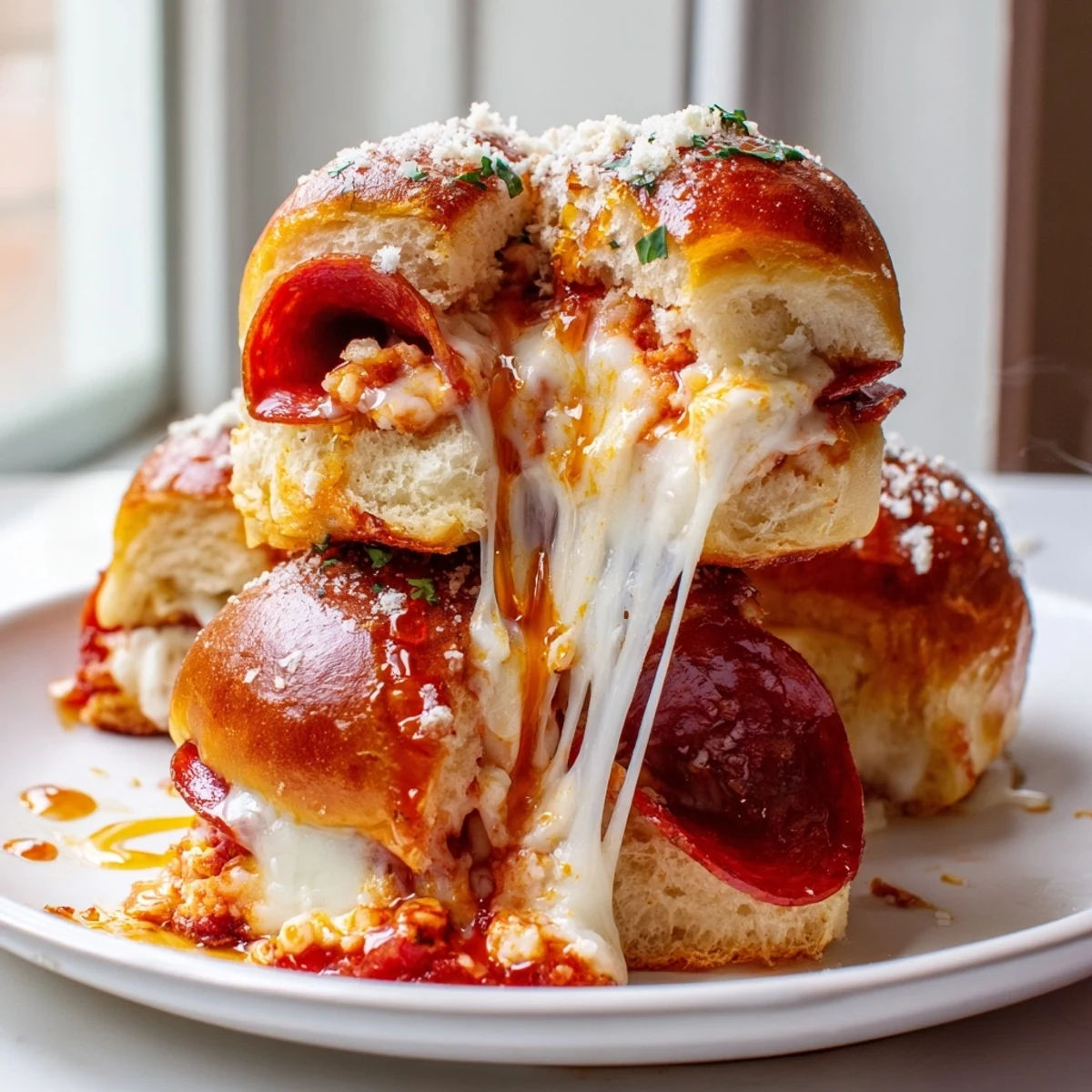 Glistening hot honey pepperoni pizza sliders pulled apart revealing stretchy melted cheese
