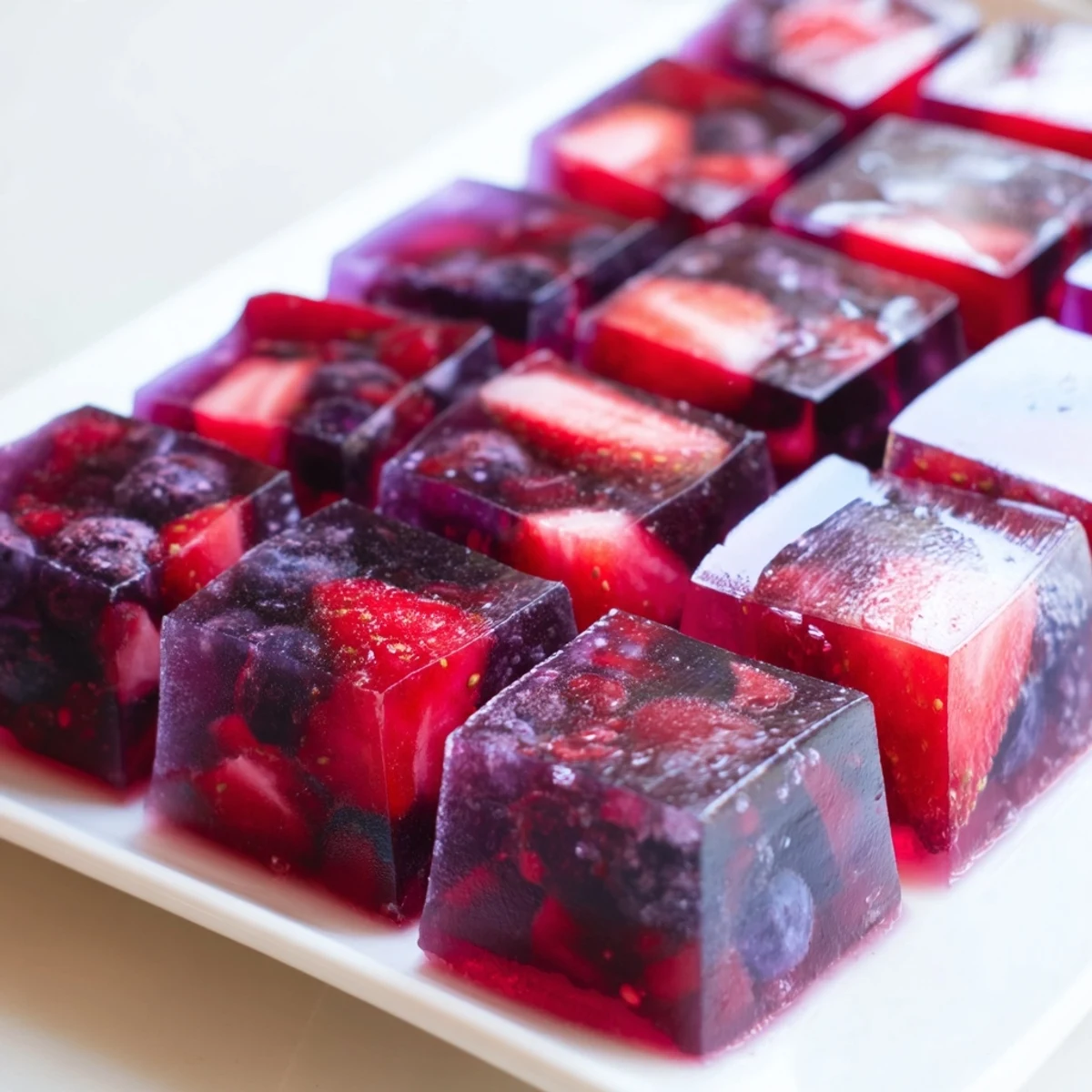Glossy collagen fruit jellies in vibrant jewel-toned cubes dusted with sugar