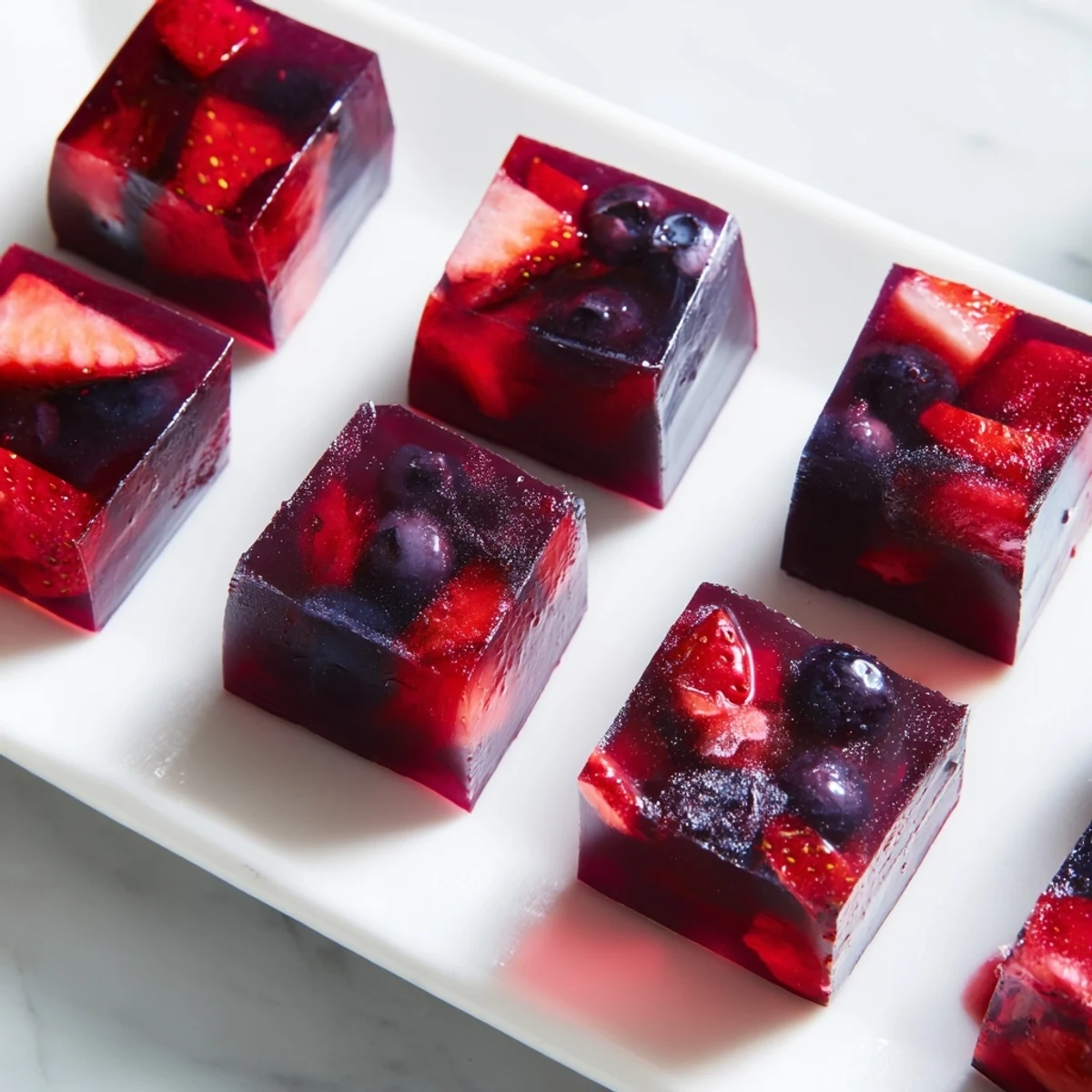 Bouncy collagen fruit jellies studded with fresh berries on a white plate