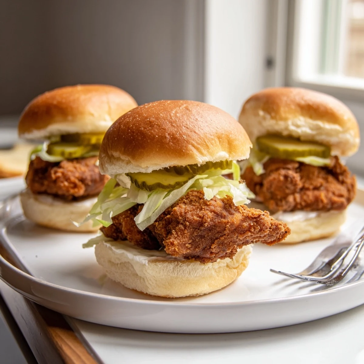Golden crispy pickle brined fried chicken sliders stacked on soft buns with pickles