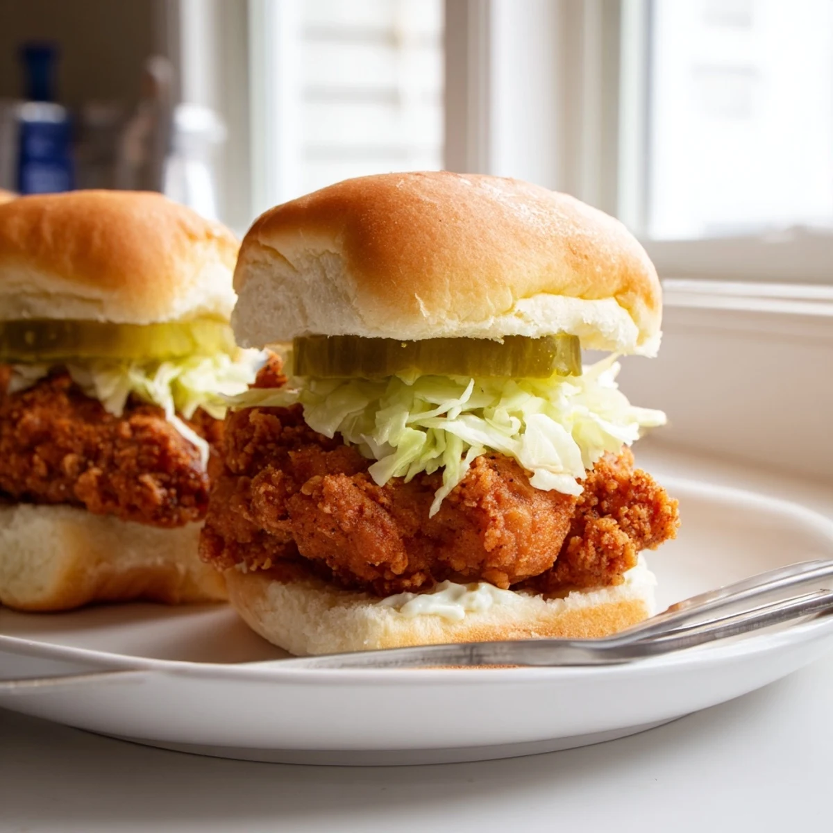 Close-up of pickle brined fried chicken sliders showcasing crunchy golden breading and tangy pickle chips