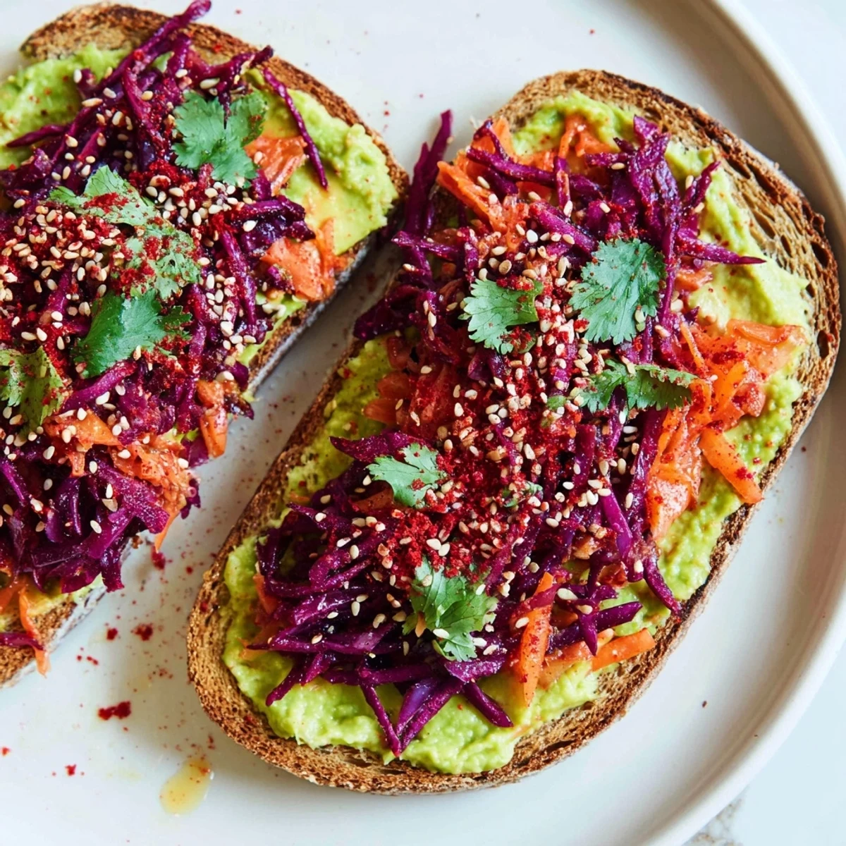 Crispy golden toast piled high with creamy avocado and vibrant spicy kimchi avocado toast garnished with sesame seeds