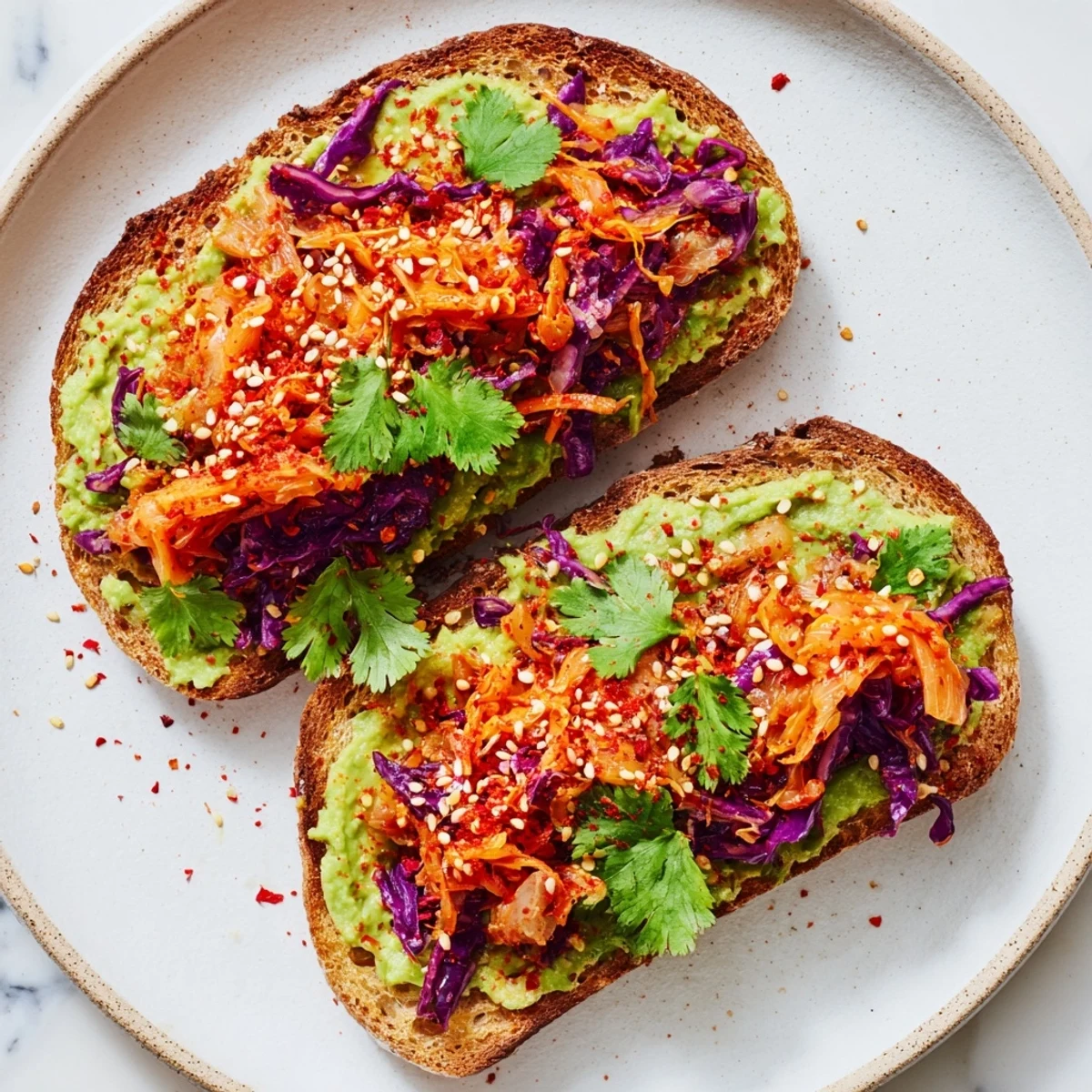 Kimchi avocado toast topped with tangy red cabbage kimchi fresh cilantro and a sprinkle of pepper flakes on sourdough