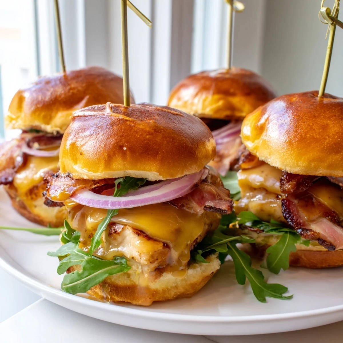Golden maple chicken bacon sliders with melted cheddar on toasted brioche buns, served on a rustic wooden board