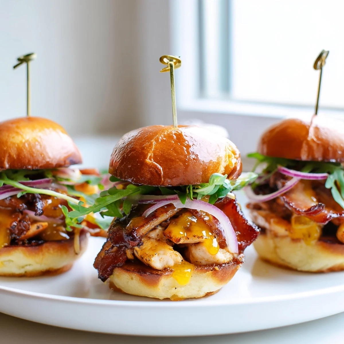 Crispy bacon and tender maple-glazed chicken sliders topped with melted cheese and fresh arugula