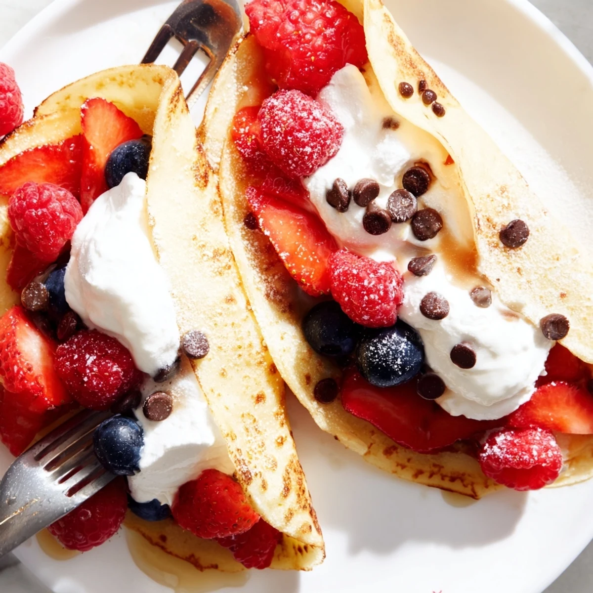 Golden pancake tacos brimming with fresh berries and a drizzle of maple syrup