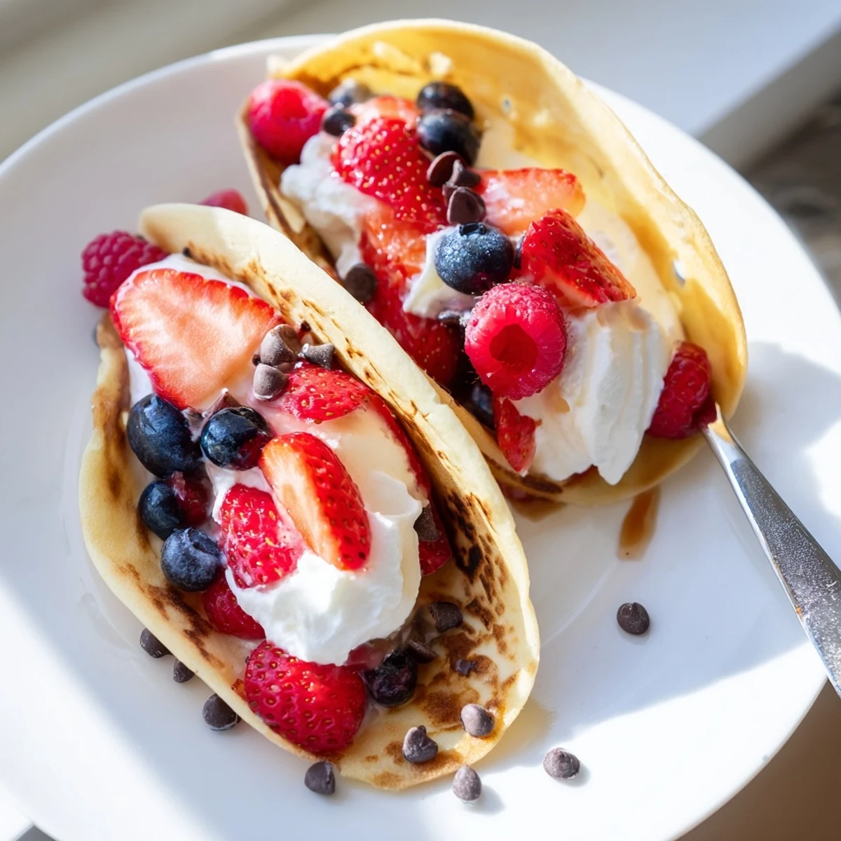 Fluffy pancake tacos folded upright and stuffed with scrambled eggs and avocado