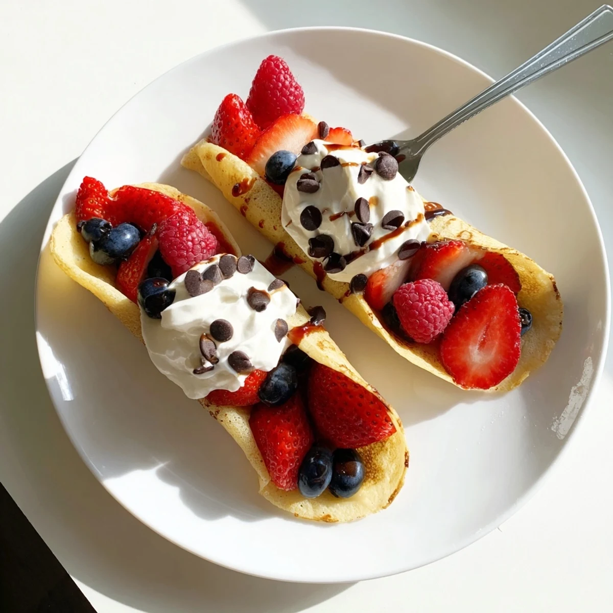 Warm pancake tacos arranged on a plate, overflowing with whipped cream and bananas