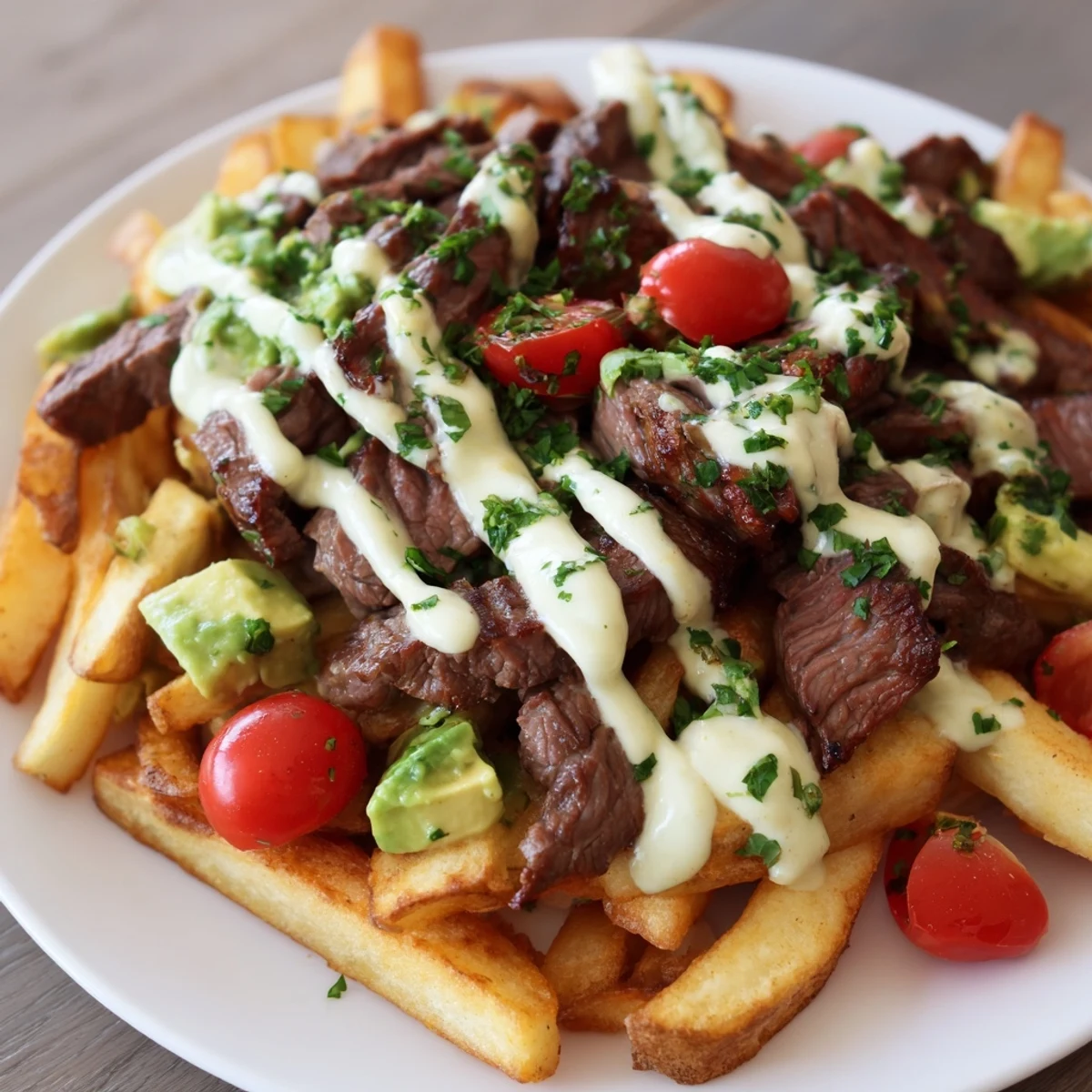 Sizzling steak strips served over golden fries in this steak strips crispy fries bowl.