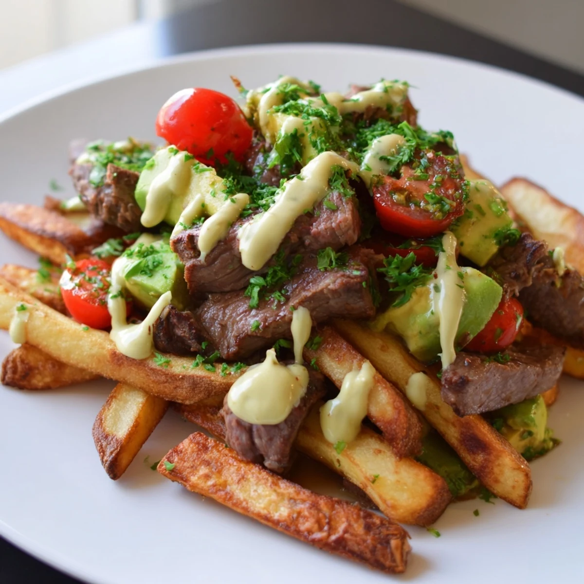 Hearty steak strips crispy fries bowl recipe loaded with fresh vegetables and savory sauce.