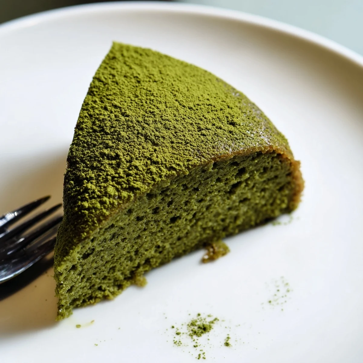 Light and fluffy matcha cake dusted with powdered sugar, ideal for an elegant Japanese-inspired dessert table.  