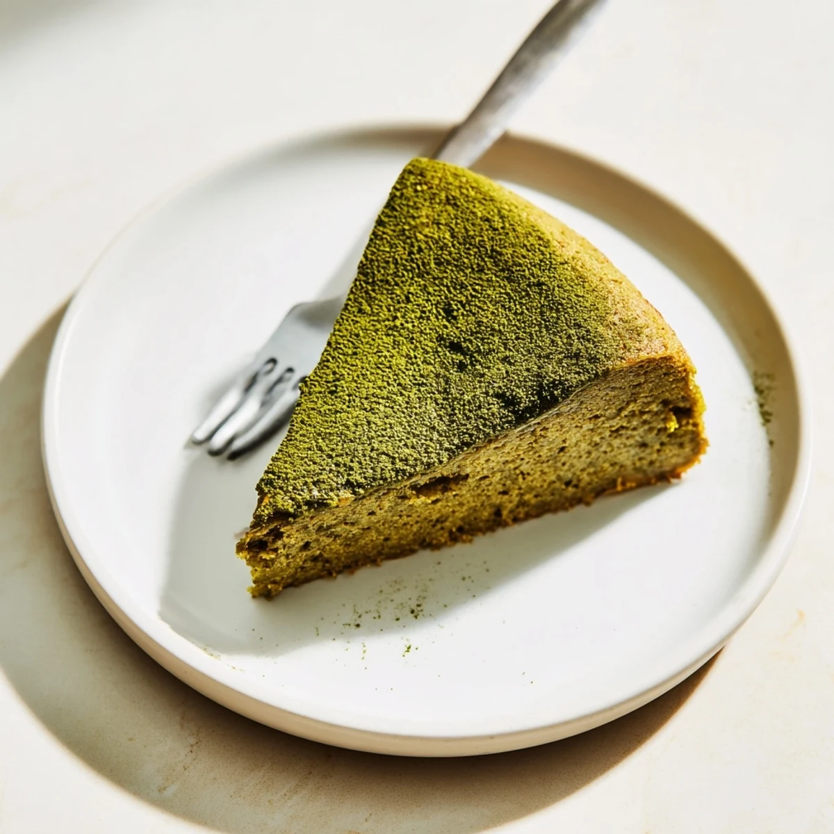 A freshly baked slice of green tea matcha cake, featuring a soft crumb and aromatic earthy flavor.  